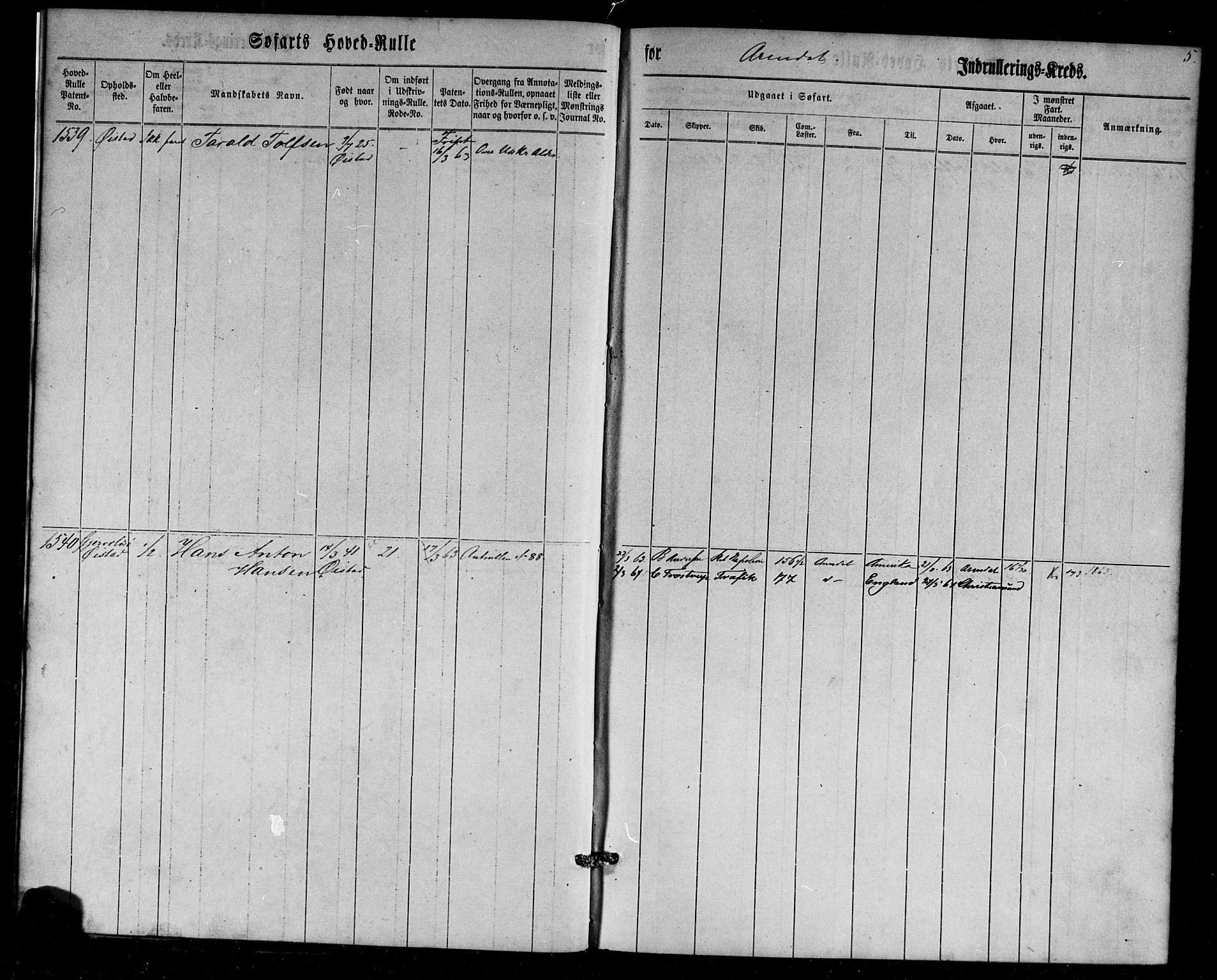 Arendal mønstringskrets, AV/SAK-2031-0012/F/Fb/L0002: Hovedrulle nr 1533-1724 uten register, E-3, 1863-1864, s. 5