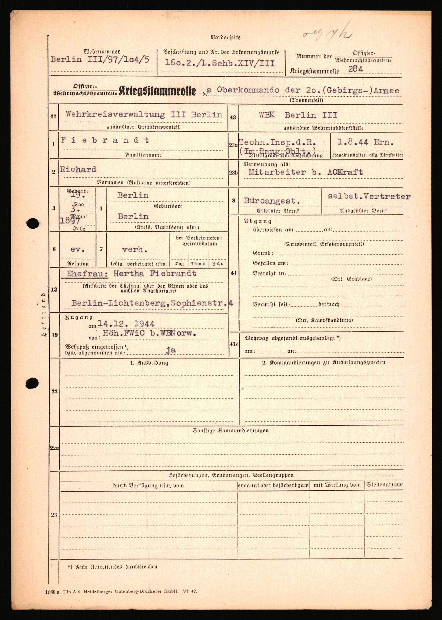 Forsvarets Overkommando. 2 kontor. Arkiv 11.4. Spredte tyske arkivsaker, AV/RA-RAFA-7031/D/Dar/Dara/L0018: Personalbøker, 1940-1945, s. 406