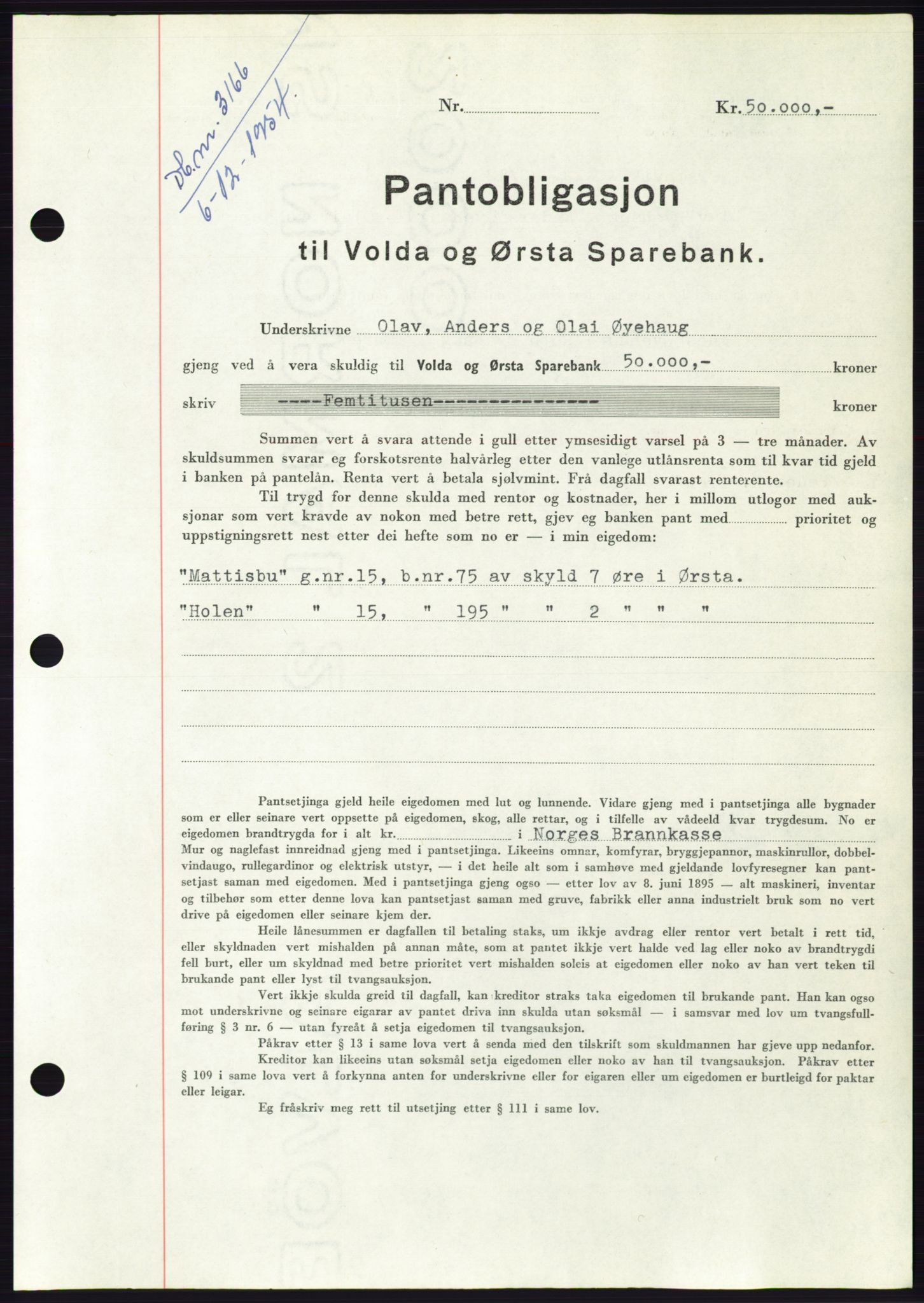 Søre Sunnmøre sorenskriveri, AV/SAT-A-4122/1/2/2C/L0126: Pantebok nr. 14B, 1954-1955, Dagboknr: 3166/1954