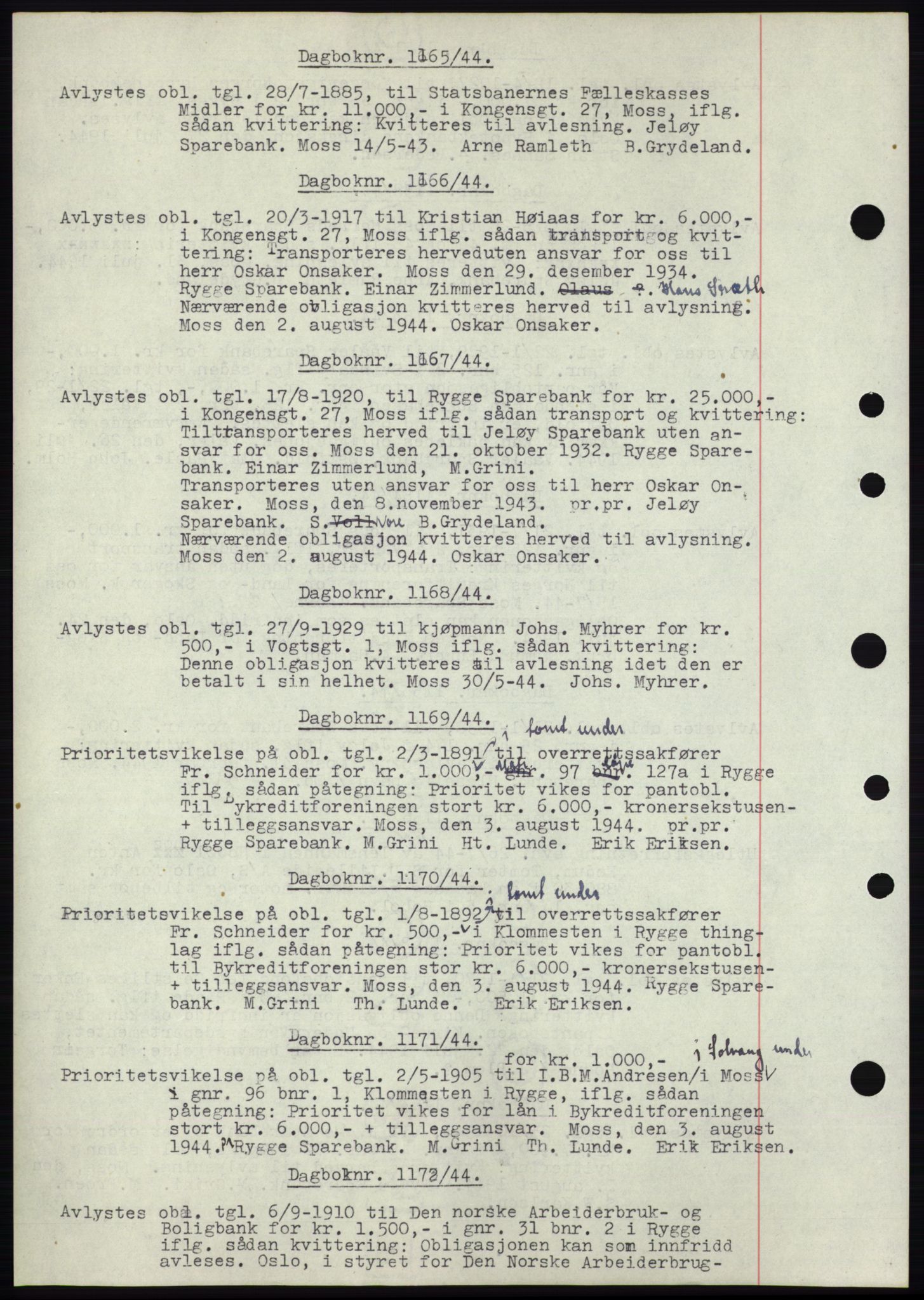 Moss sorenskriveri, SAO/A-10168: Pantebok nr. C10, 1938-1950, Dagboknr: 1165/1944