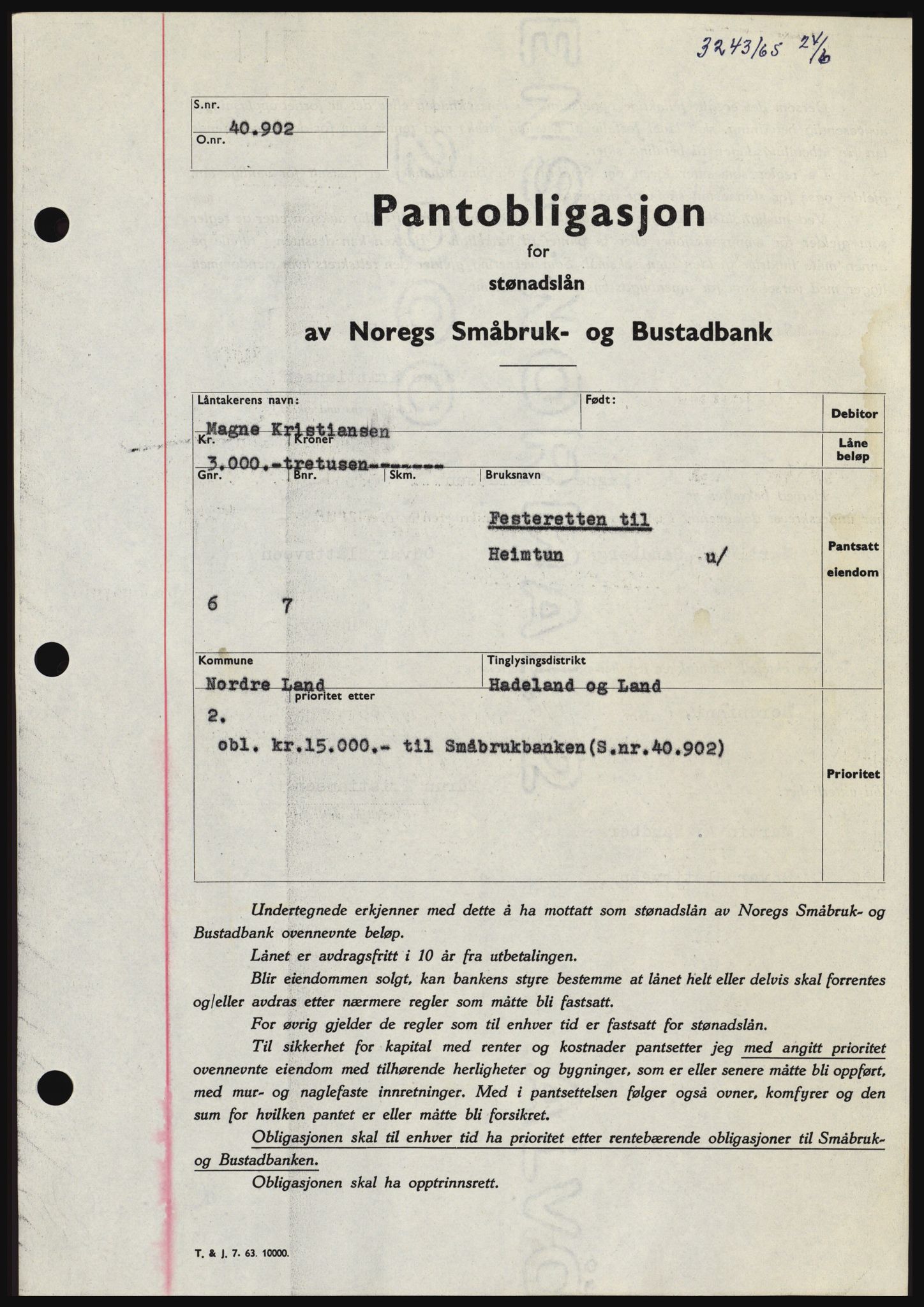 Hadeland og Land tingrett, SAH/TING-010/H/Hb/Hbc/L0059: Pantebok nr. B59, 1965-1965, Dagboknr: 3243/1965
