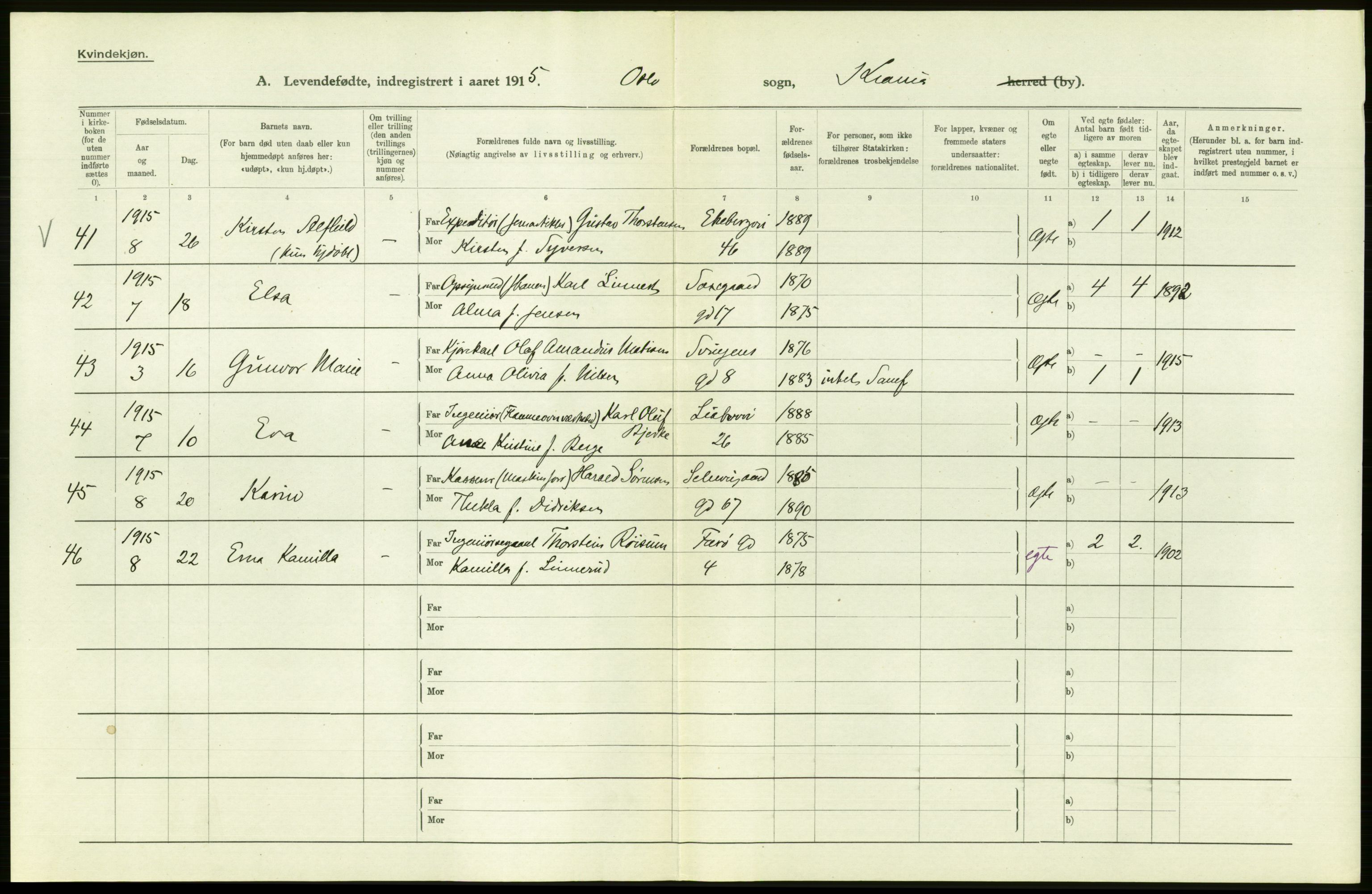 Statistisk sentralbyrå, Sosiodemografiske emner, Befolkning, AV/RA-S-2228/D/Df/Dfb/Dfbe/L0006: Kristiania: Levendefødte menn og kvinner., 1915, s. 132