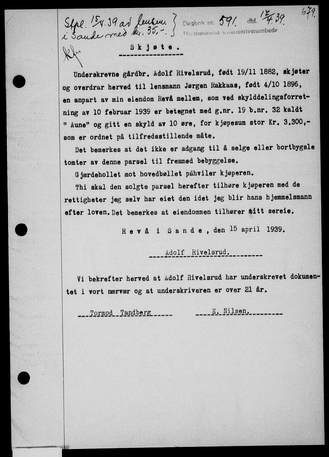 Holmestrand sorenskriveri, SAKO/A-67/G/Ga/Gaa/L0050: Pantebok nr. A-50, 1938-1939, Dagboknr: 591/1939