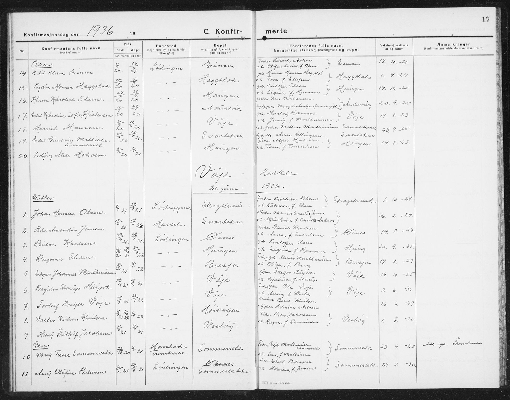 Ministerialprotokoller, klokkerbøker og fødselsregistre - Nordland, SAT/A-1459/872/L1050: Klokkerbok nr. 872C06, 1932-1942, s. 17