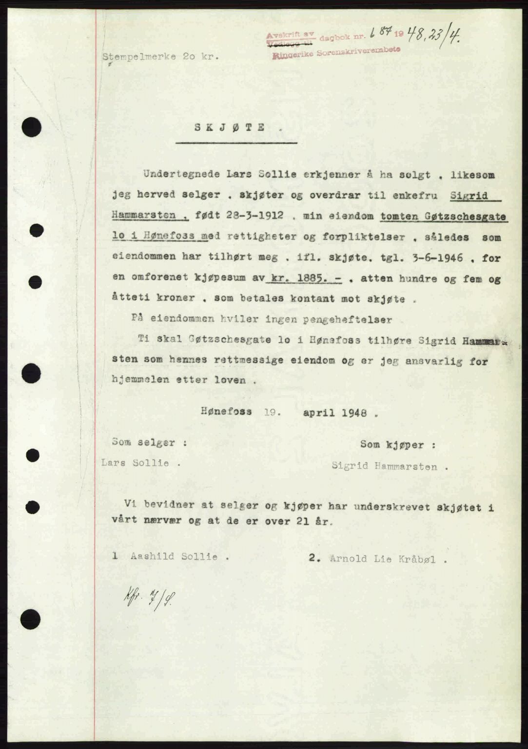 Ringerike sorenskriveri, SAKO/A-105/G/Ga/Gab/L0088: Pantebok nr. A-19, 1948-1948, Dagboknr: 687/1948
