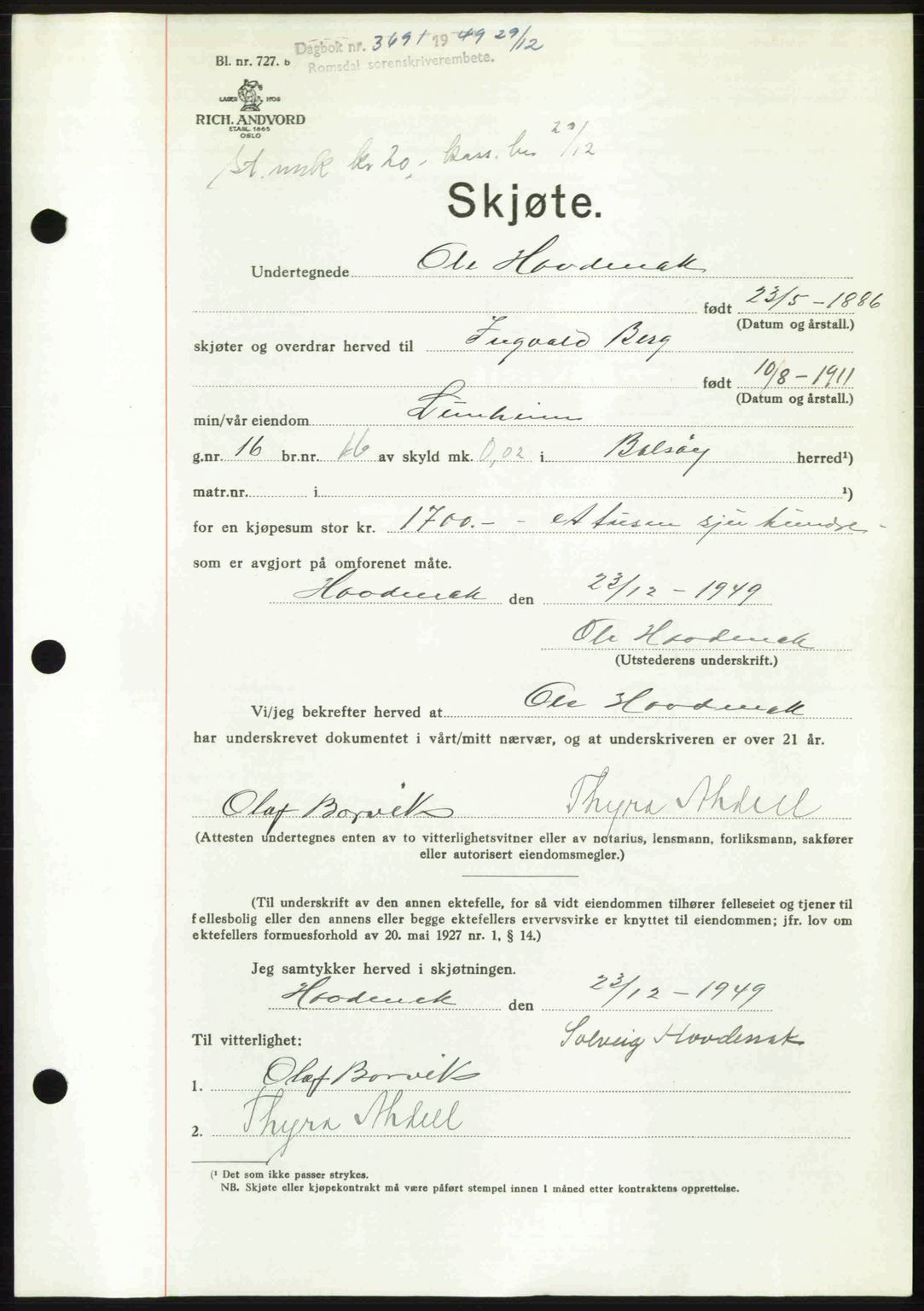 Romsdal sorenskriveri, SAT/A-4149/1/2/2C: Pantebok nr. A31, 1949-1949, Dagboknr: 3691/1949