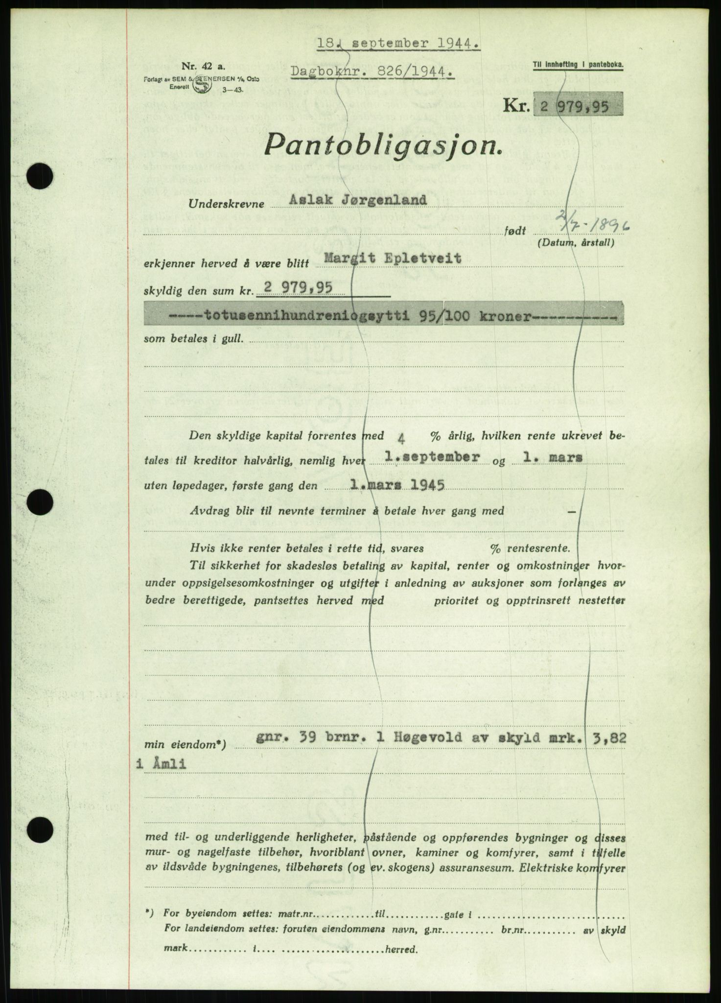 Nedenes sorenskriveri, SAK/1221-0006/G/Gb/Gbb/L0002: Pantebok nr. II, 1942-1945, Dagboknr: 826/1944