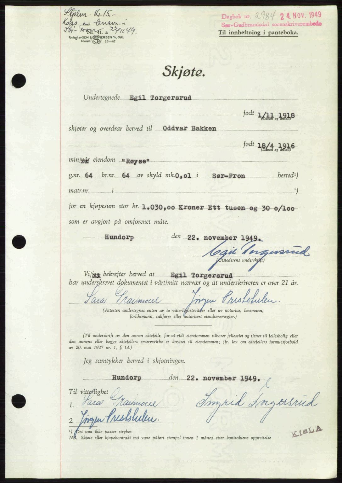 Sør-Gudbrandsdal tingrett, SAH/TING-004/H/Hb/Hbd/L0026: Pantebok nr. A26, 1949-1949, Dagboknr: 2984/1949
