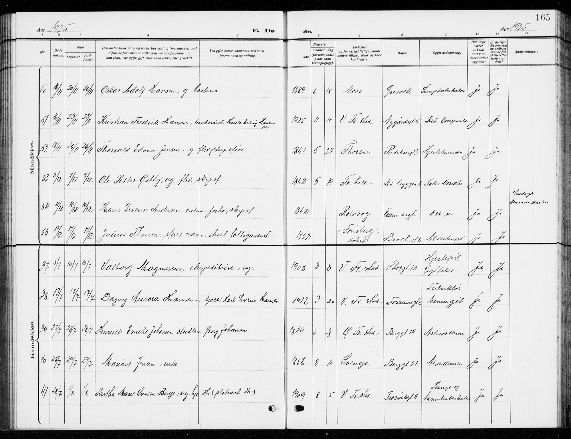 Fredrikstad domkirkes prestekontor Kirkebøker, AV/SAO-A-10906/G/Ga/L0004: Klokkerbok nr. 4, 1910-1944, s. 165
