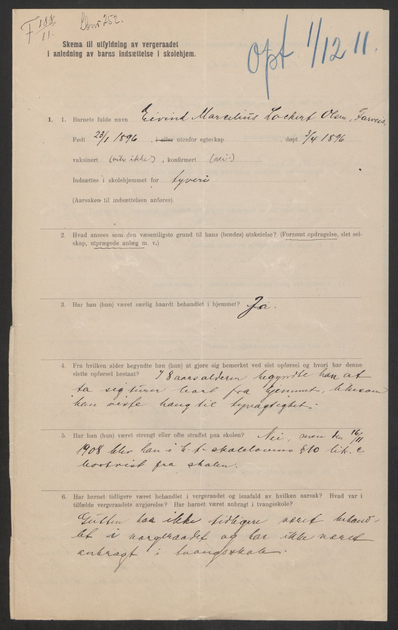 Falstad skolehjem, RA/S-1676/E/Eb/L0011: Elevmapper løpenr.. 240-260, 1911-1918, s. 197