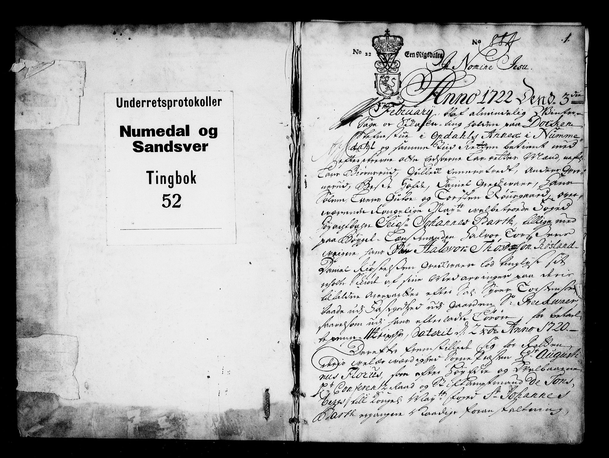 Numedal og Sandsvær sorenskriveri, AV/SAKO-A-128/F/Fa/Faa/L0052: Tingbok, 1722, s. 0b-1a