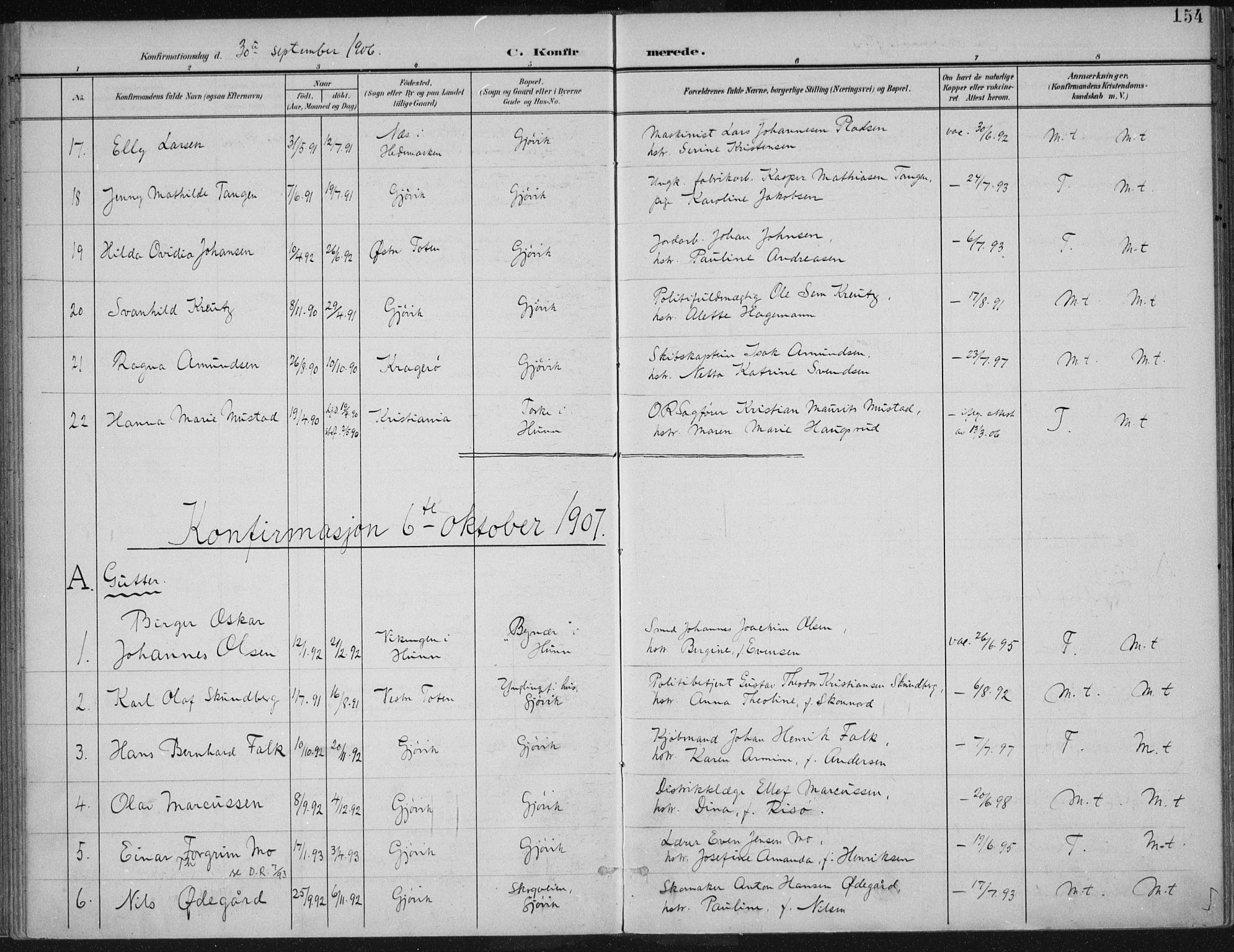 Vardal prestekontor, AV/SAH-PREST-100/H/Ha/Haa/L0013: Ministerialbok nr. 13, 1901-1911, s. 154