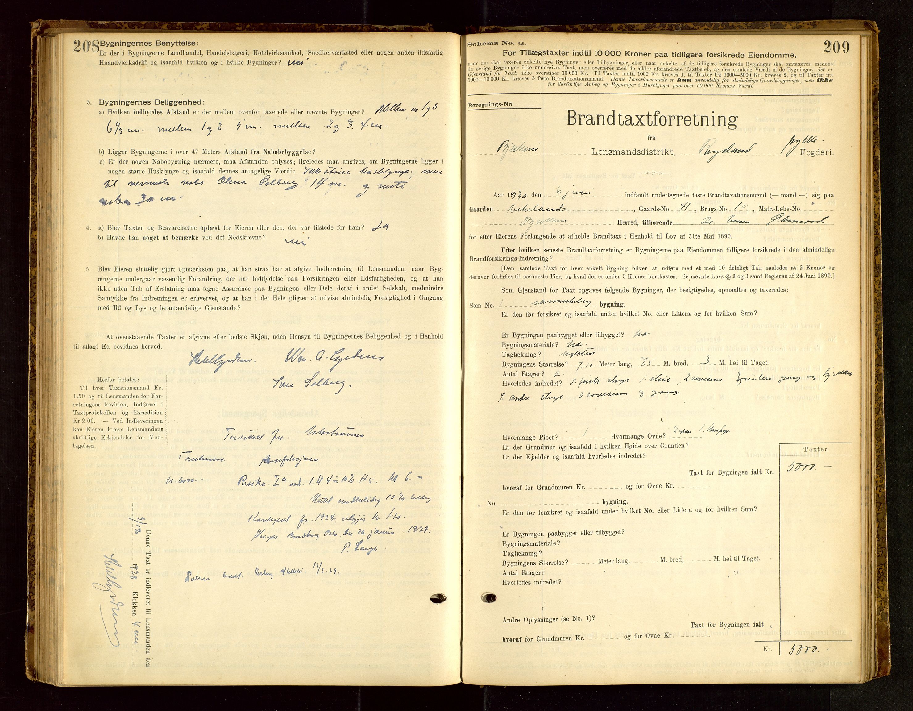 Bjerkreim lensmannskontor, SAST/A-100090/Gob/L0001: "Brandtaxationsprotokol", 1895-1950, s. 208-209