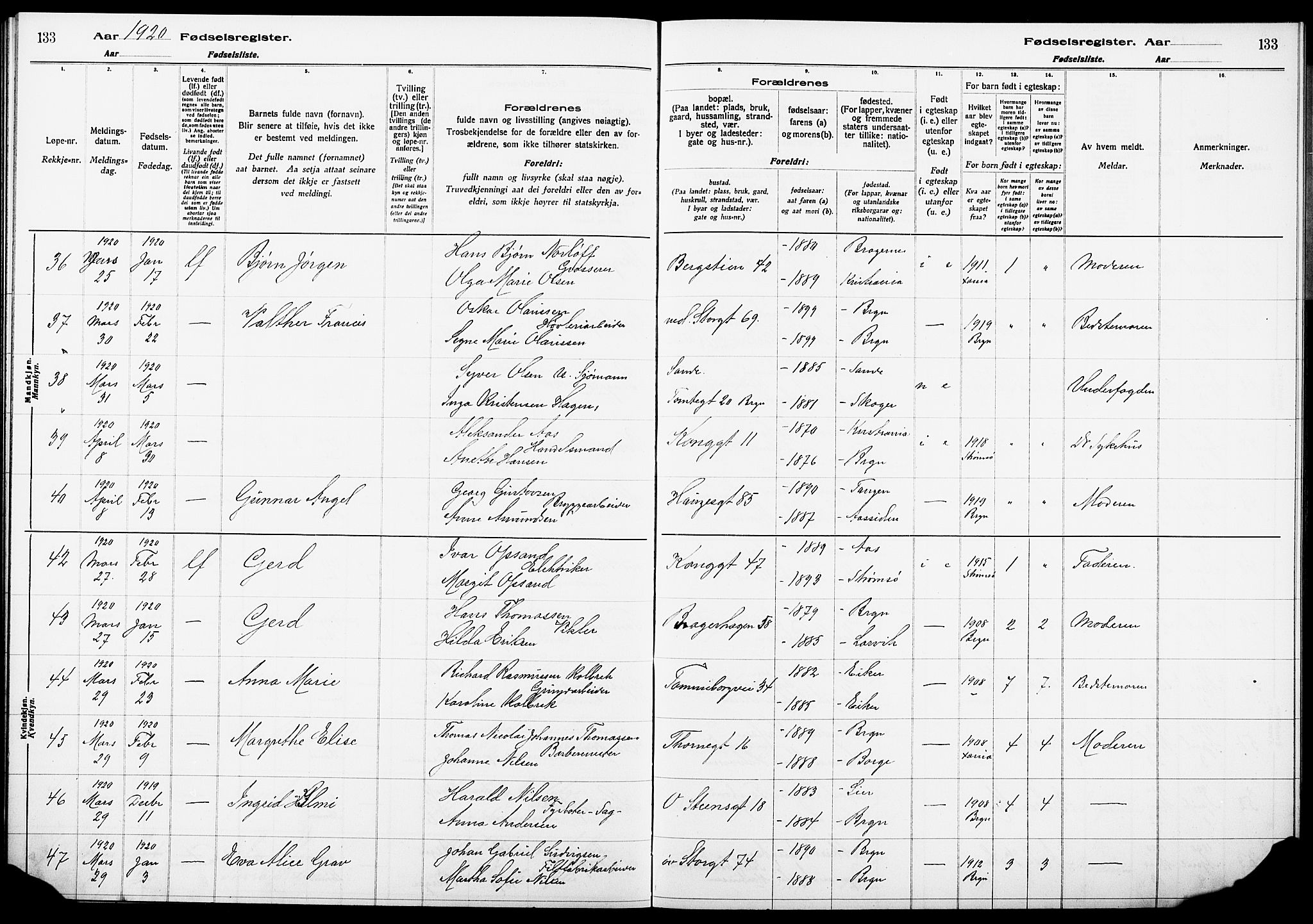 Bragernes kirkebøker, AV/SAKO-A-6/J/Ja/L0001: Fødselsregister nr. 1, 1916-1922, s. 133