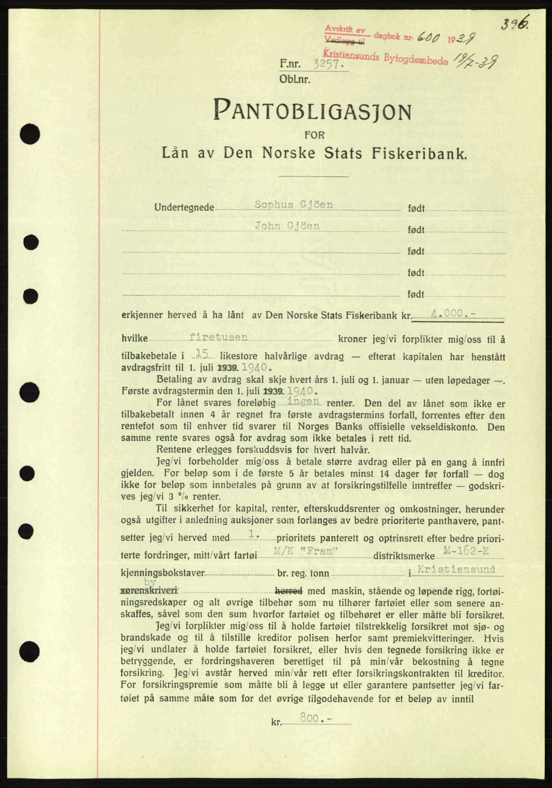 Kristiansund byfogd, AV/SAT-A-4587/A/27: Pantebok nr. 31, 1938-1939, Dagboknr: 600/1939