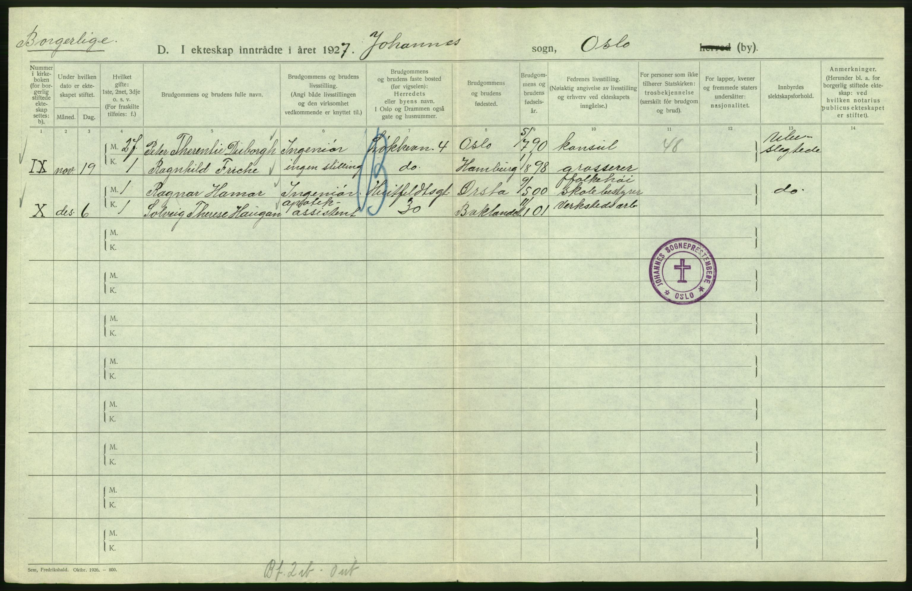 Statistisk sentralbyrå, Sosiodemografiske emner, Befolkning, AV/RA-S-2228/D/Df/Dfc/Dfcg/L0008: Oslo: Gifte, 1927, s. 156