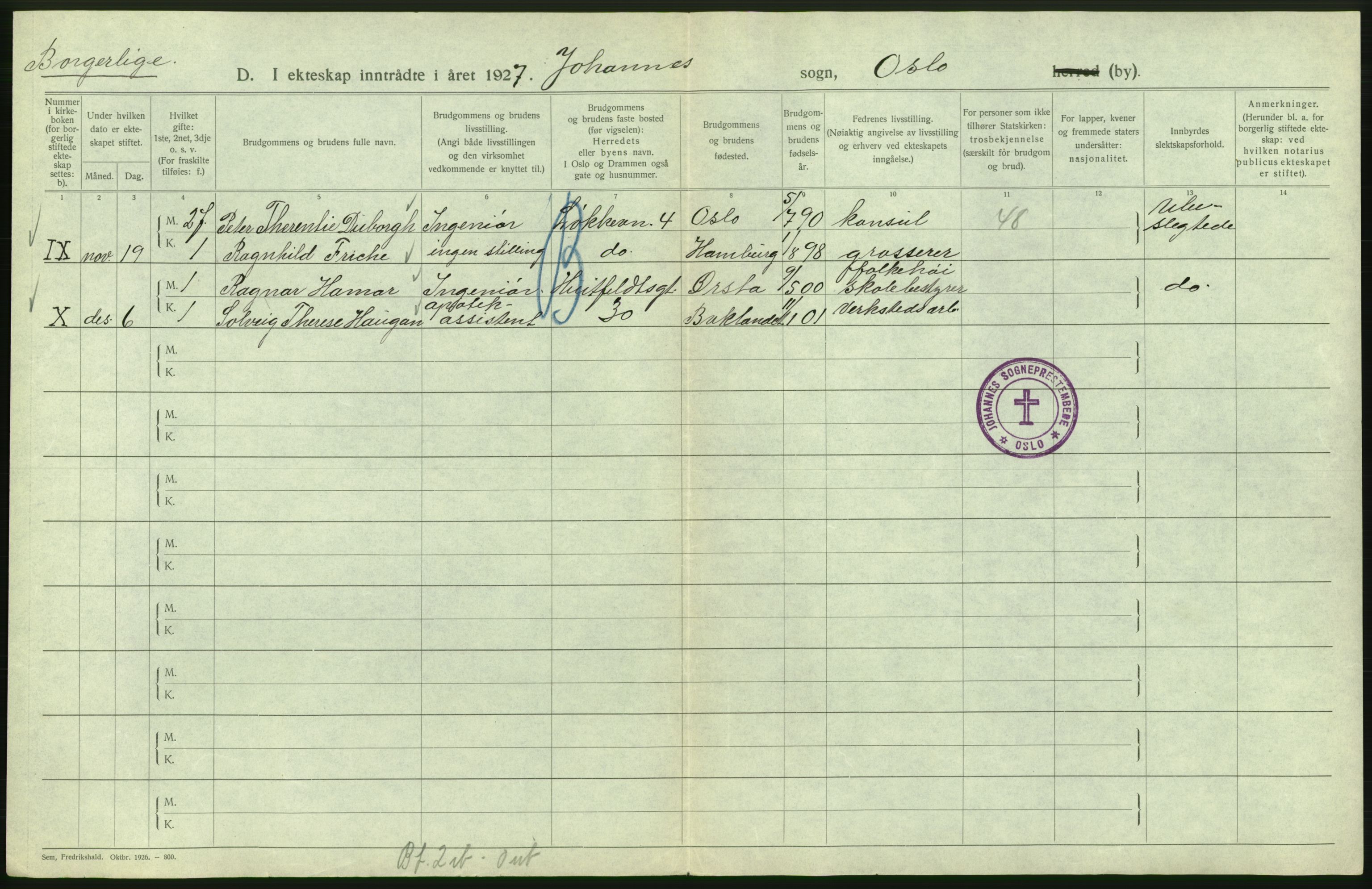 Statistisk sentralbyrå, Sosiodemografiske emner, Befolkning, RA/S-2228/D/Df/Dfc/Dfcg/L0008: Oslo: Gifte, 1927, s. 156