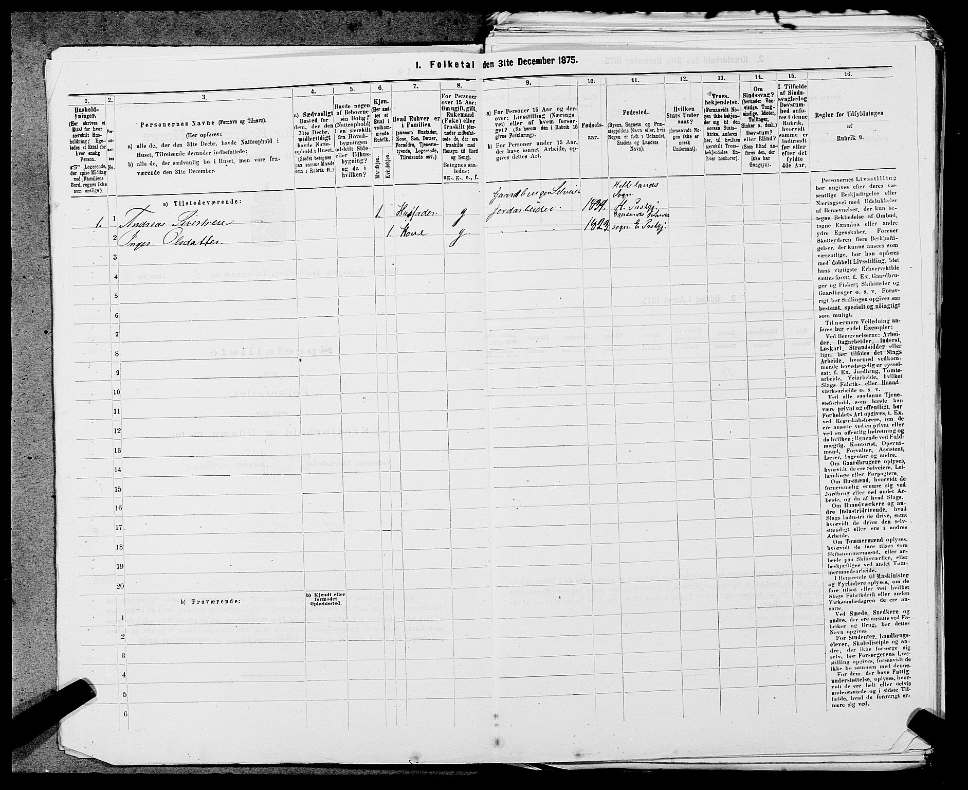 SAST, Folketelling 1875 for 1116L Eigersund prestegjeld, Eigersund landsokn og Ogna sokn, 1875, s. 397