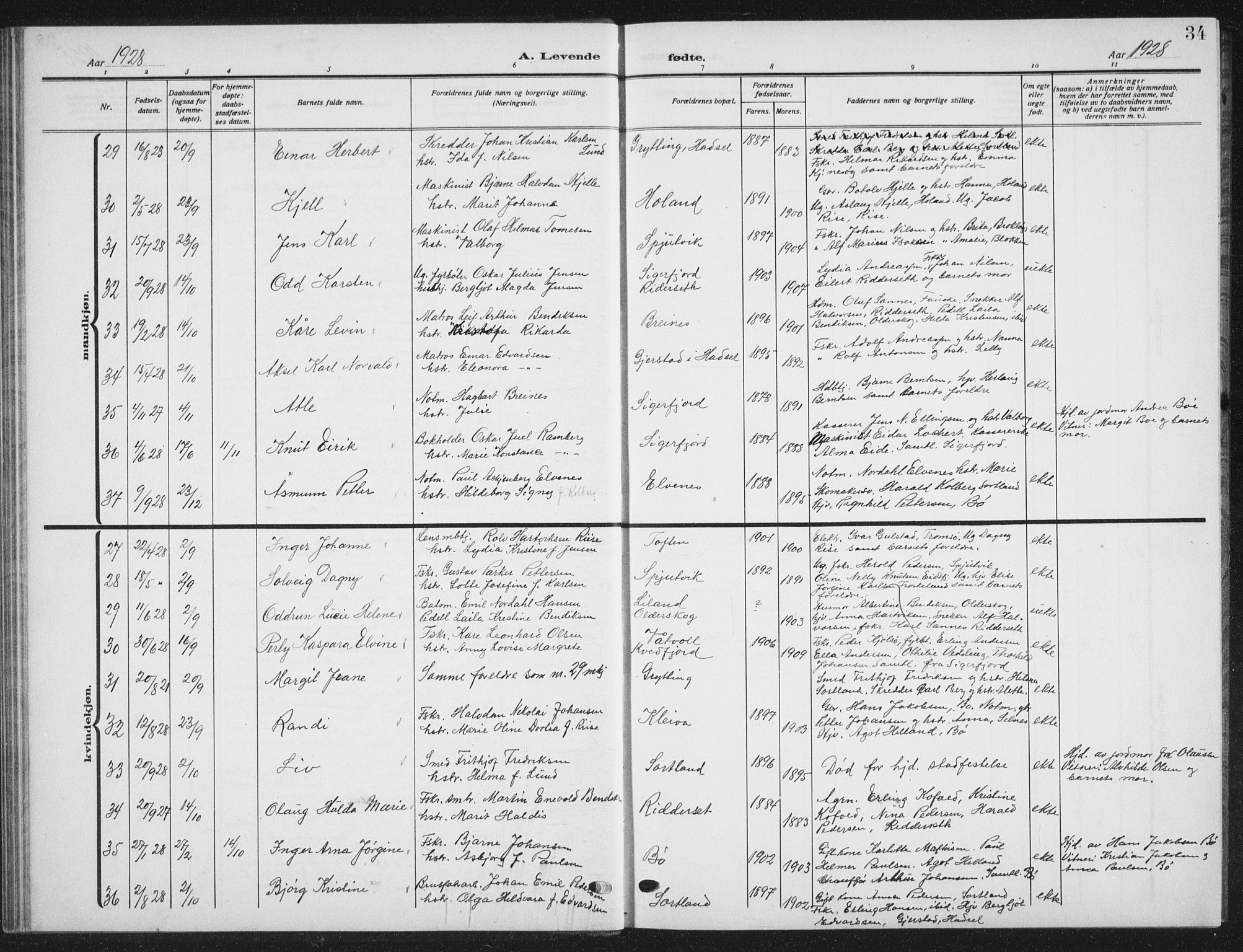 Ministerialprotokoller, klokkerbøker og fødselsregistre - Nordland, AV/SAT-A-1459/895/L1384: Klokkerbok nr. 895C06, 1922-1941, s. 34