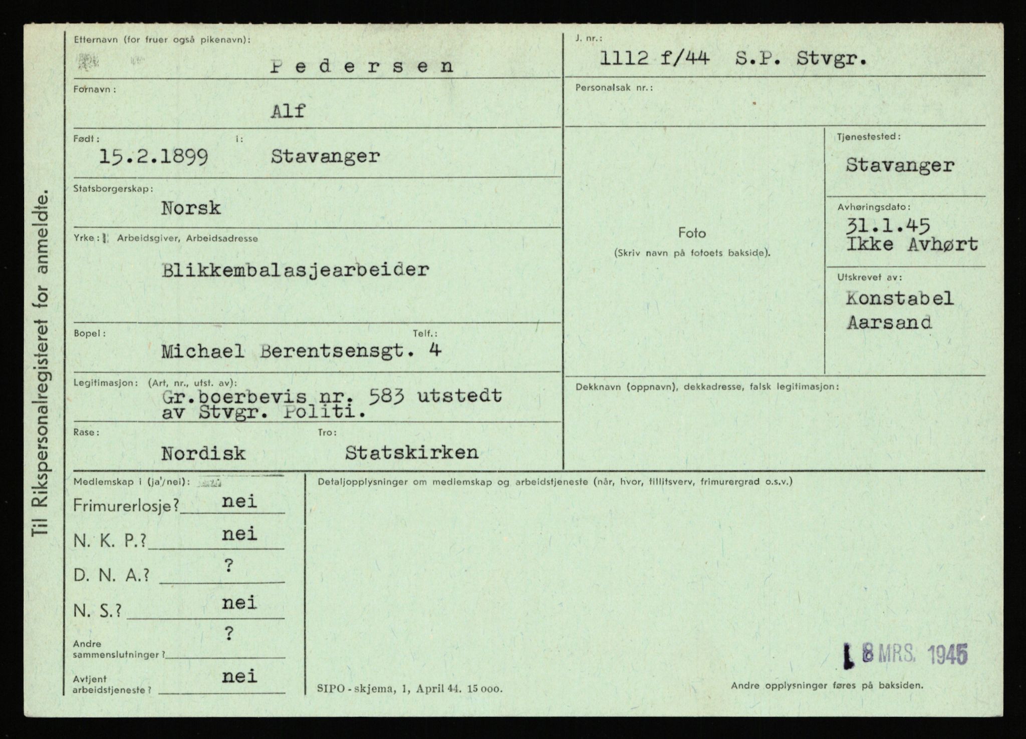 Statspolitiet - Hovedkontoret / Osloavdelingen, AV/RA-S-1329/C/Ca/L0012: Oanæs - Quistgaard	, 1943-1945, s. 3132