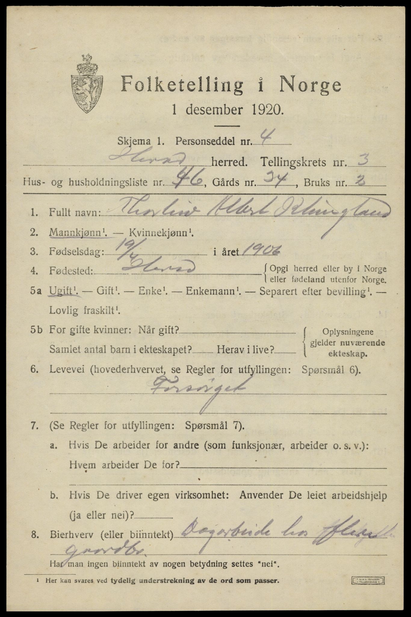 SAK, Folketelling 1920 for 1039 Herad herred, 1920, s. 1682