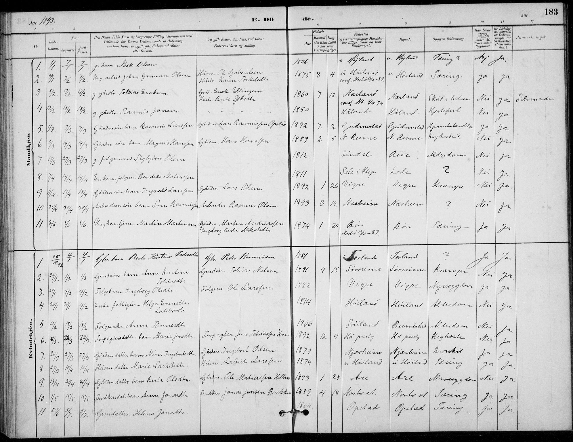Hå sokneprestkontor, AV/SAST-A-101801/001/30BB/L0003: Klokkerbok nr. B 3, 1883-1894, s. 183