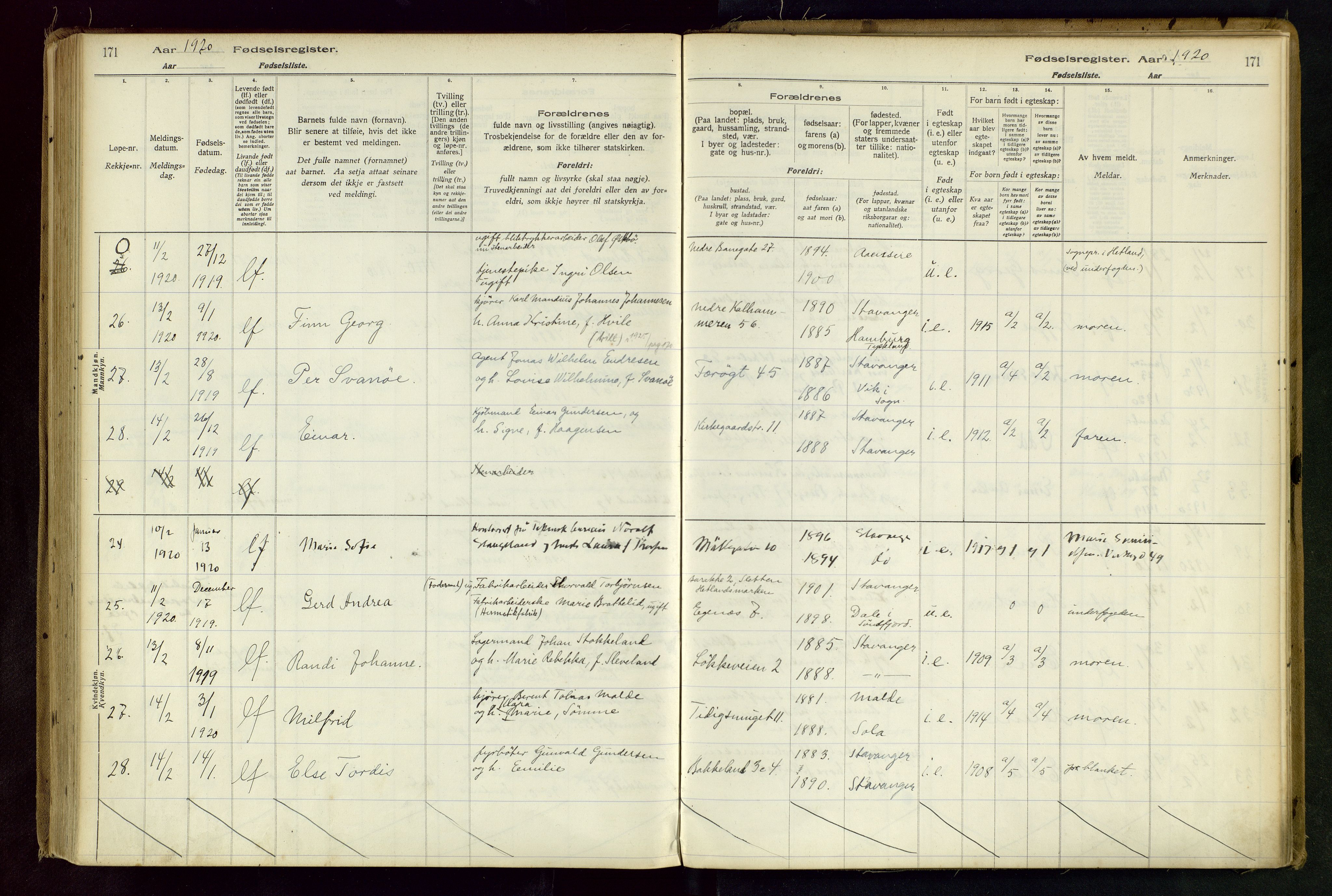 Domkirken sokneprestkontor, AV/SAST-A-101812/002/B/L0001: Fødselsregister nr. 1, 1916-1920, s. 171