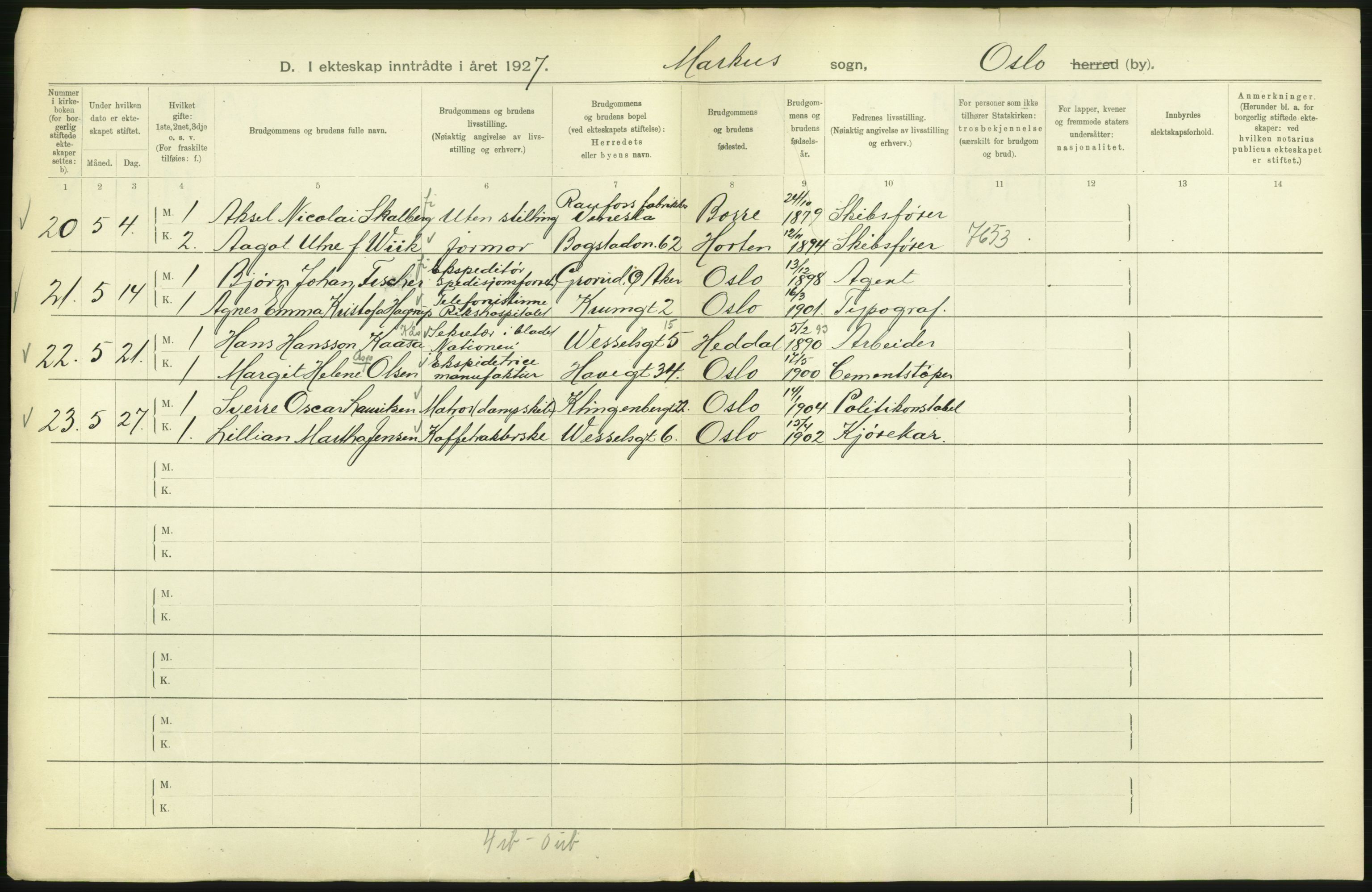 Statistisk sentralbyrå, Sosiodemografiske emner, Befolkning, AV/RA-S-2228/D/Df/Dfc/Dfcg/L0008: Oslo: Gifte, 1927, s. 322