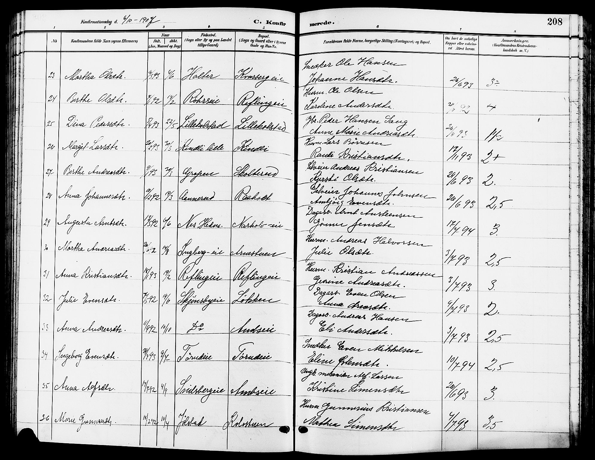 Ringsaker prestekontor, AV/SAH-PREST-014/L/La/L0015: Klokkerbok nr. 15, 1903-1912, s. 208
