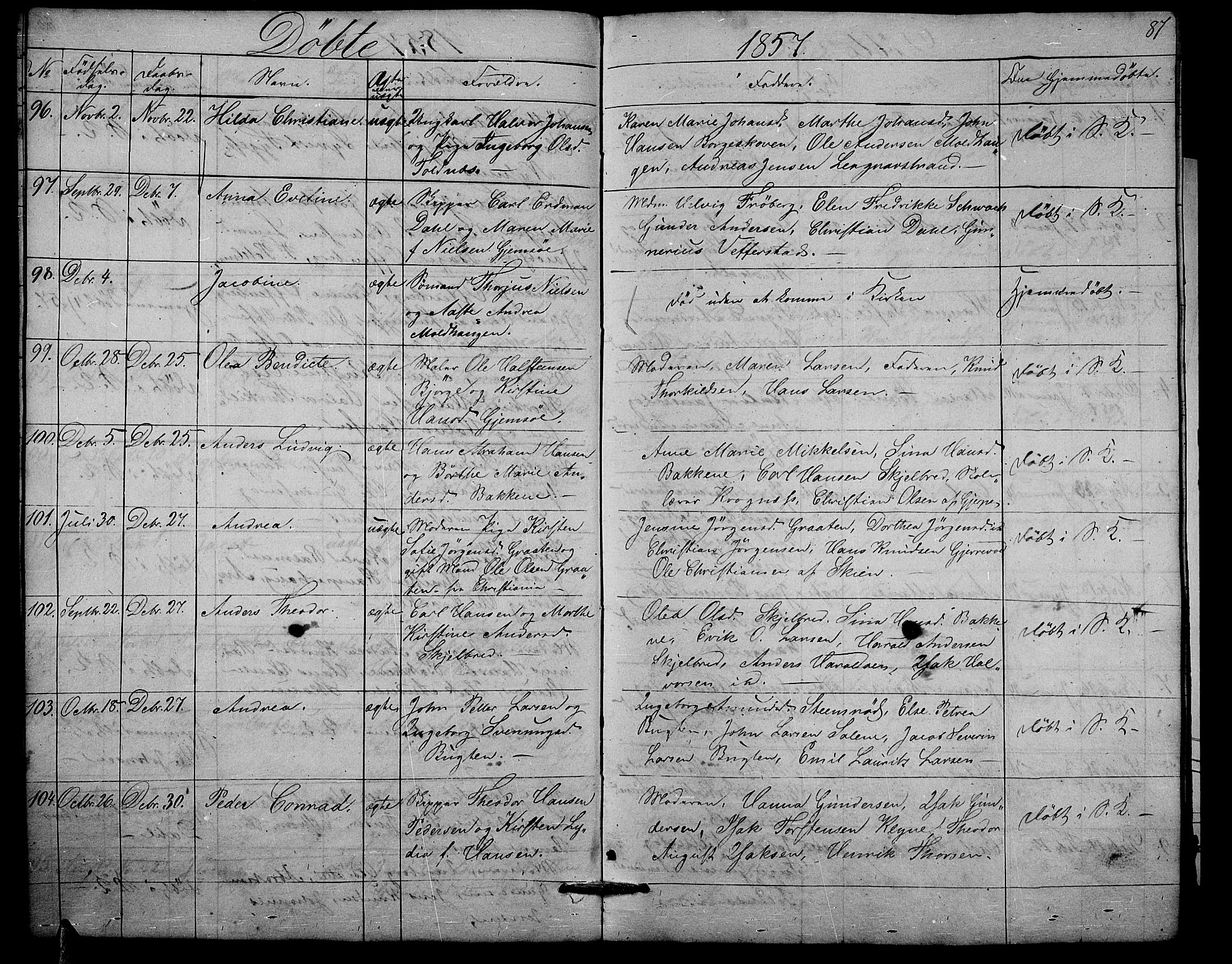Solum kirkebøker, AV/SAKO-A-306/G/Ga/L0003: Klokkerbok nr. I 3, 1848-1859, s. 87
