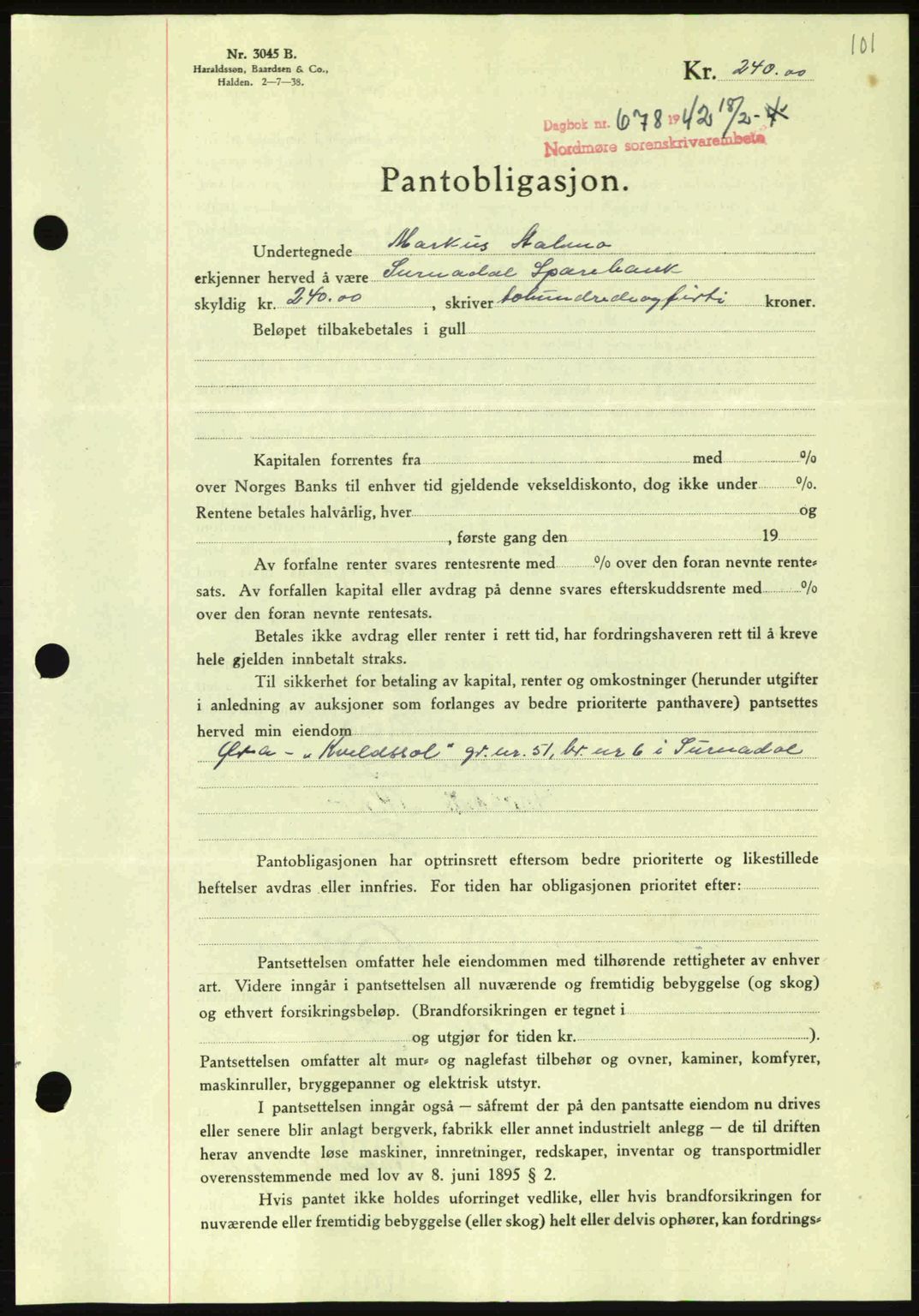 Nordmøre sorenskriveri, AV/SAT-A-4132/1/2/2Ca: Pantebok nr. B89, 1942-1942, Dagboknr: 678/1942