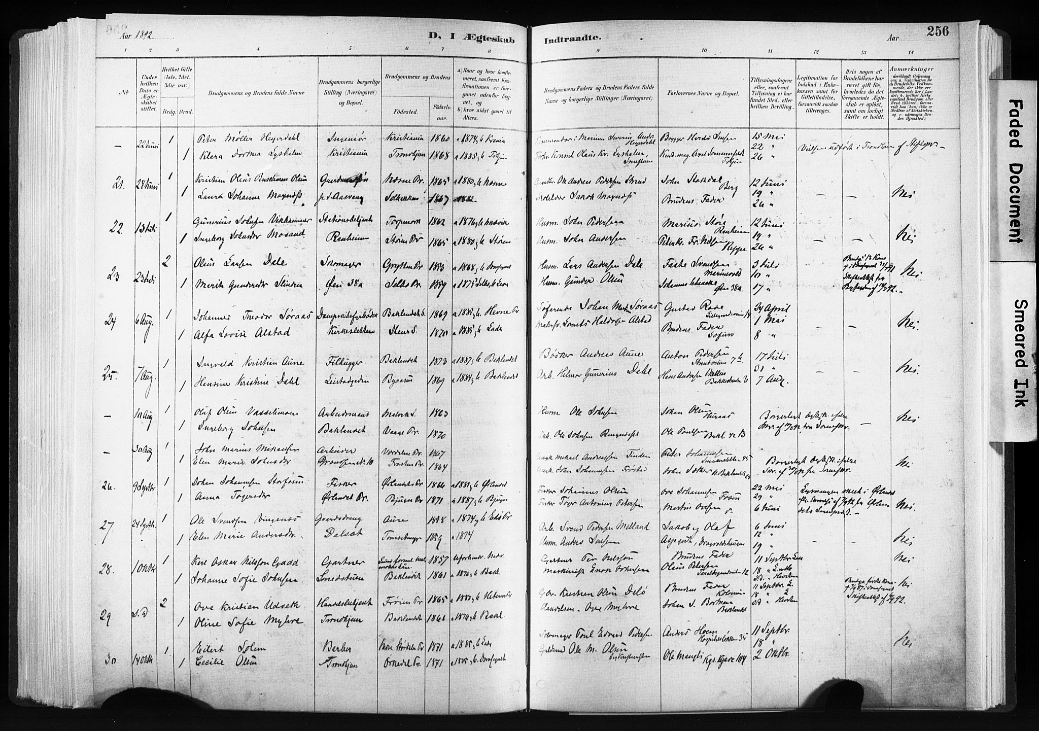 Ministerialprotokoller, klokkerbøker og fødselsregistre - Sør-Trøndelag, SAT/A-1456/606/L0300: Ministerialbok nr. 606A15, 1886-1893, s. 256