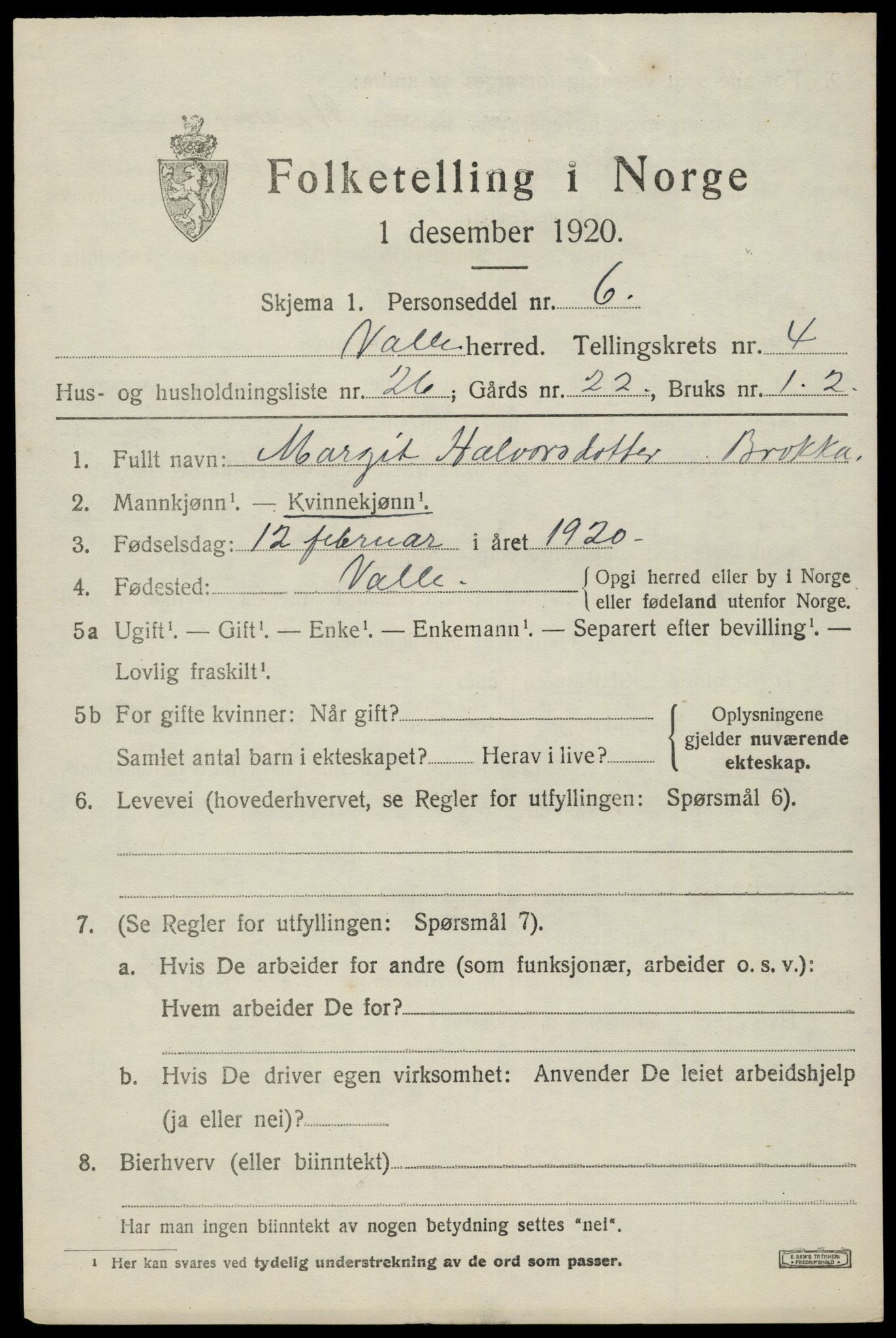 SAK, Folketelling 1920 for 0940 Valle herred, 1920, s. 2273