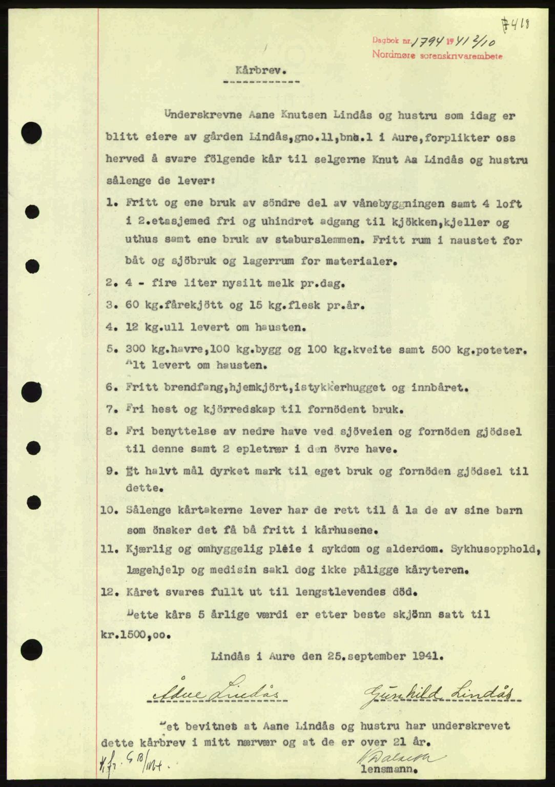 Nordmøre sorenskriveri, SAT/A-4132/1/2/2Ca: Pantebok nr. B88, 1941-1942, Dagboknr: 1794/1941
