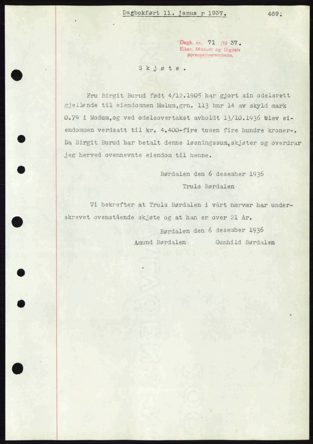 Eiker, Modum og Sigdal sorenskriveri, SAKO/A-123/G/Ga/Gab/L0034: Pantebok nr. A4, 1936-1937, Dagboknr: 71/1937