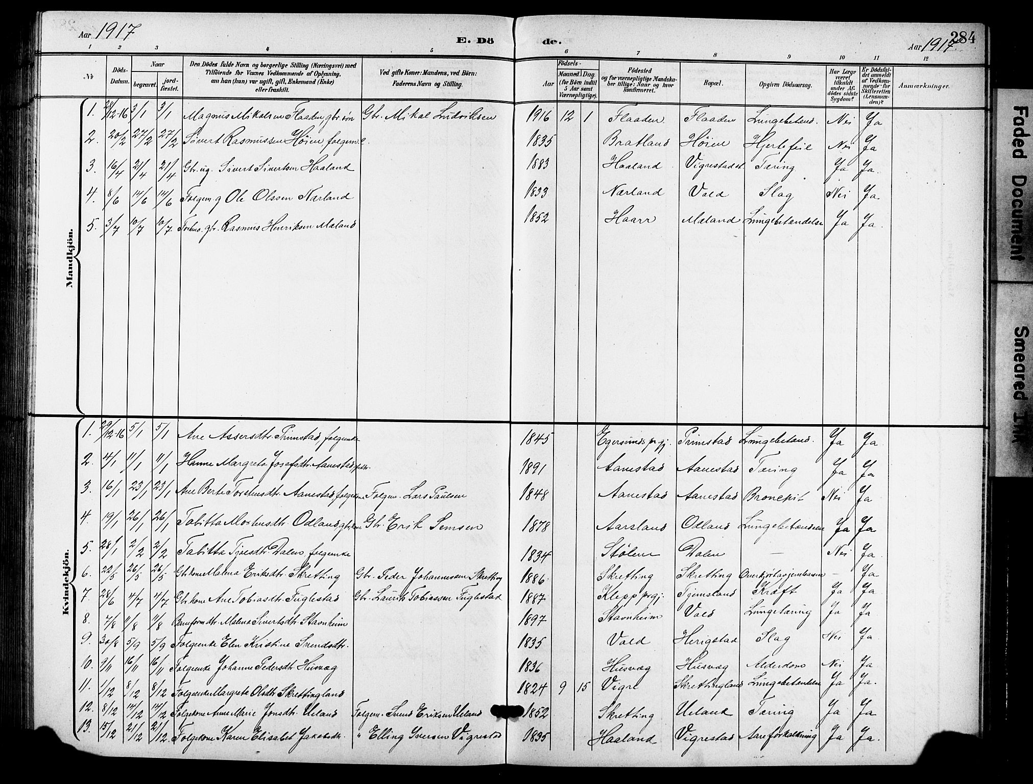 Hå sokneprestkontor, AV/SAST-A-101801/001/30BB/L0006: Klokkerbok nr. B 6, 1900-1924, s. 284