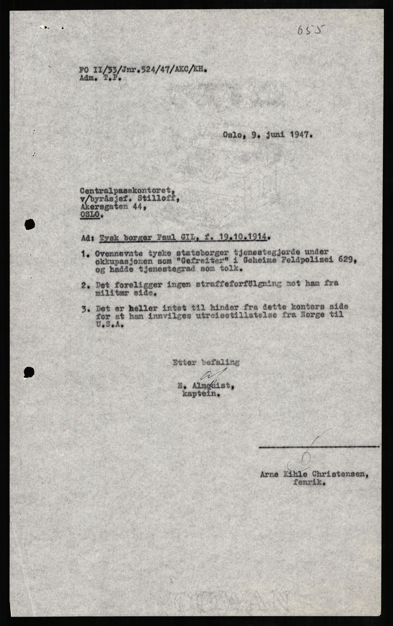 Forsvaret, Forsvarets overkommando II, AV/RA-RAFA-3915/D/Db/L0009: CI Questionaires. Tyske okkupasjonsstyrker i Norge. Tyskere., 1945-1946, s. 491