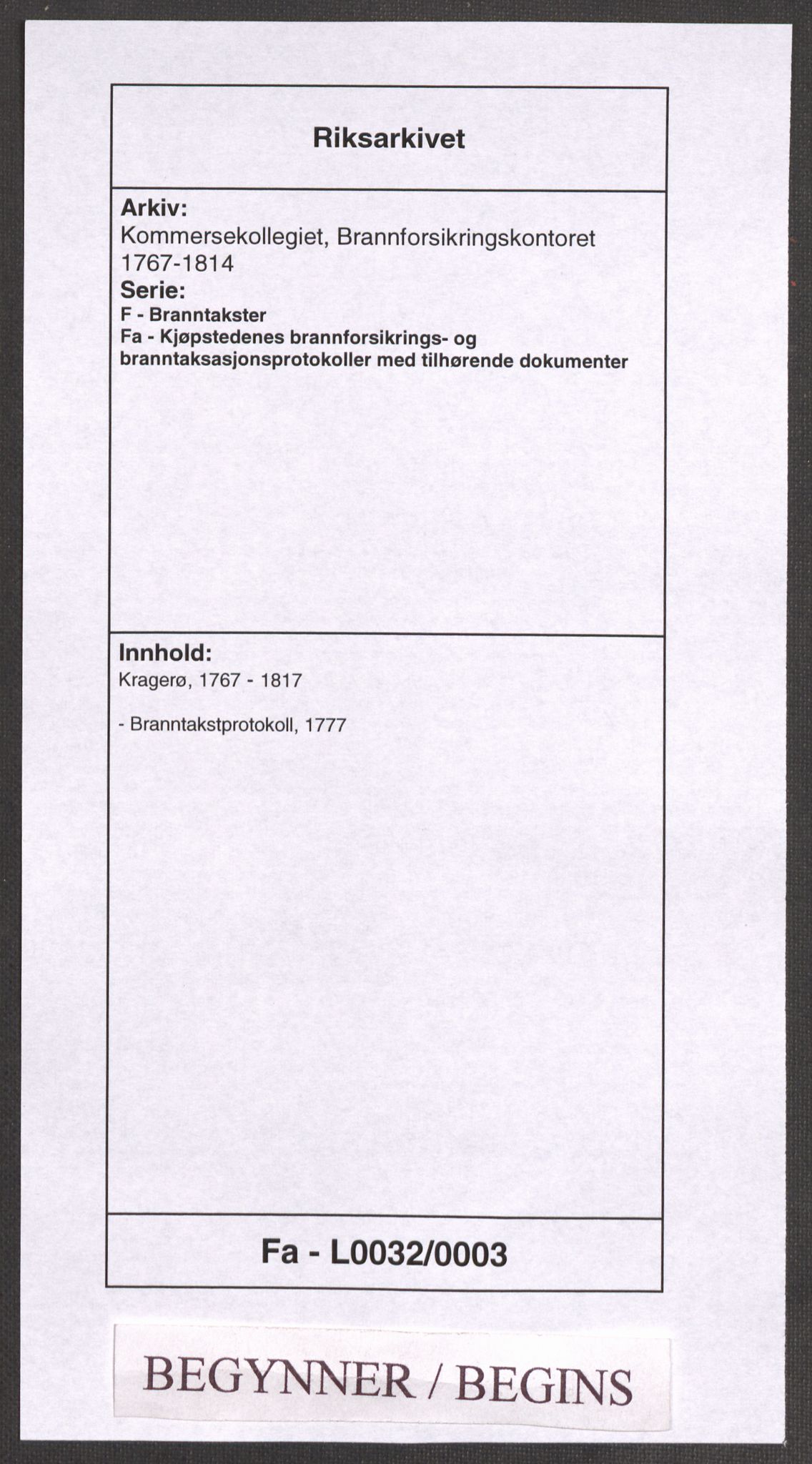 Kommersekollegiet, Brannforsikringskontoret 1767-1814, RA/EA-5458/F/Fa/L0032/0003: Kragerø / Branntakstprotokoll, 1777