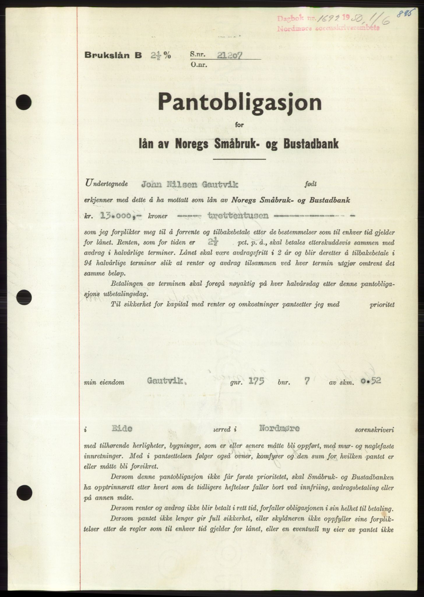 Nordmøre sorenskriveri, SAT/A-4132/1/2/2Ca: Pantebok nr. B104, 1950-1950, Dagboknr: 1692/1950