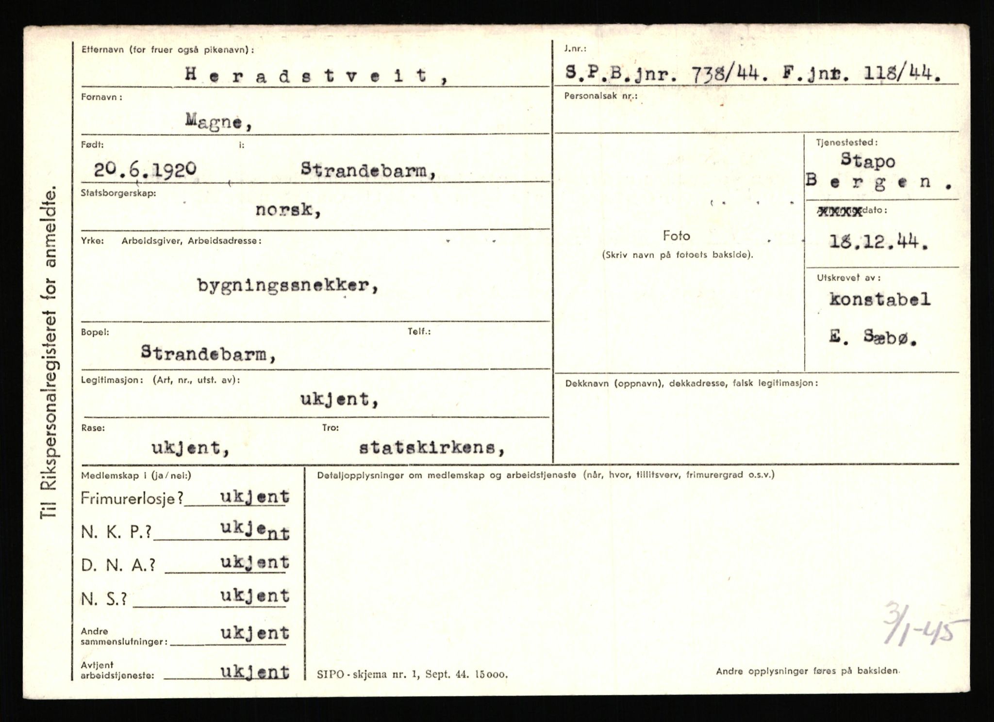 Statspolitiet - Hovedkontoret / Osloavdelingen, AV/RA-S-1329/C/Ca/L0006: Hanche - Hokstvedt, 1943-1945, s. 3834