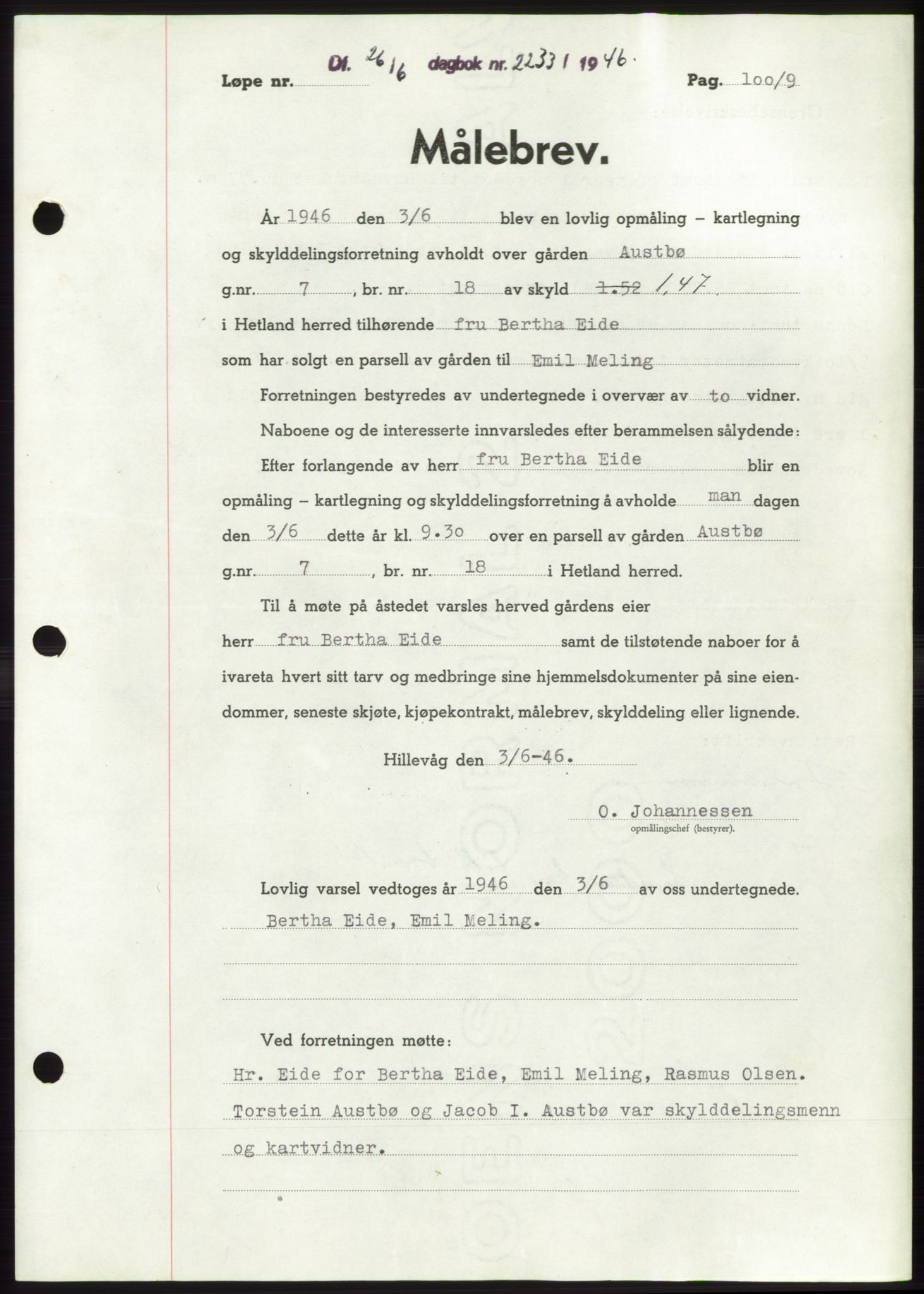 Jæren sorenskriveri, AV/SAST-A-100310/03/G/Gba/L0090: Pantebok, 1946-1946, Dagboknr: 2233/1946