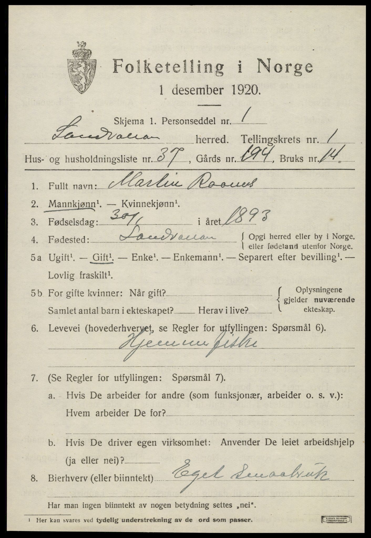 SAT, Folketelling 1920 for 1728 Sandvollan herred, 1920, s. 671