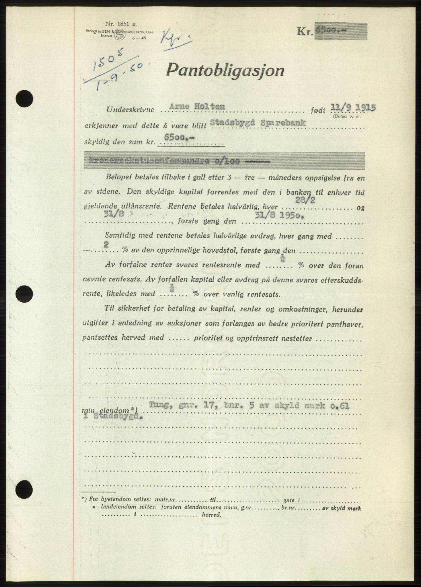 Fosen sorenskriveri, AV/SAT-A-1107/1/2/2C: Pantebok nr. B, 1948-1950, Dagboknr: 1505/1950