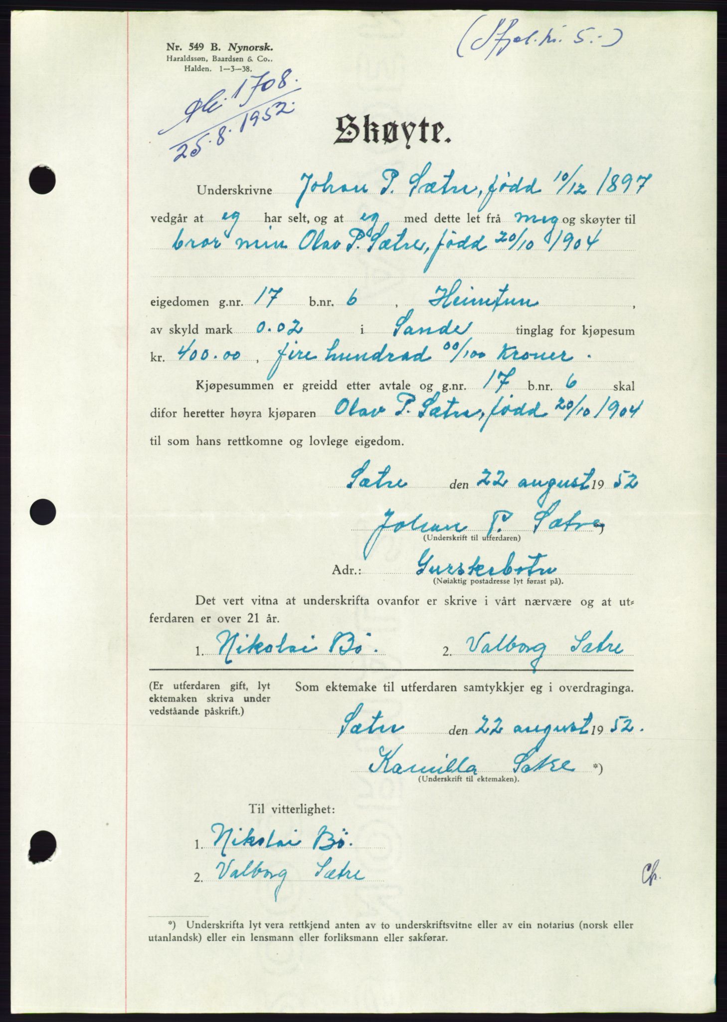 Søre Sunnmøre sorenskriveri, AV/SAT-A-4122/1/2/2C/L0092: Pantebok nr. 18A, 1952-1952, Dagboknr: 1708/1952