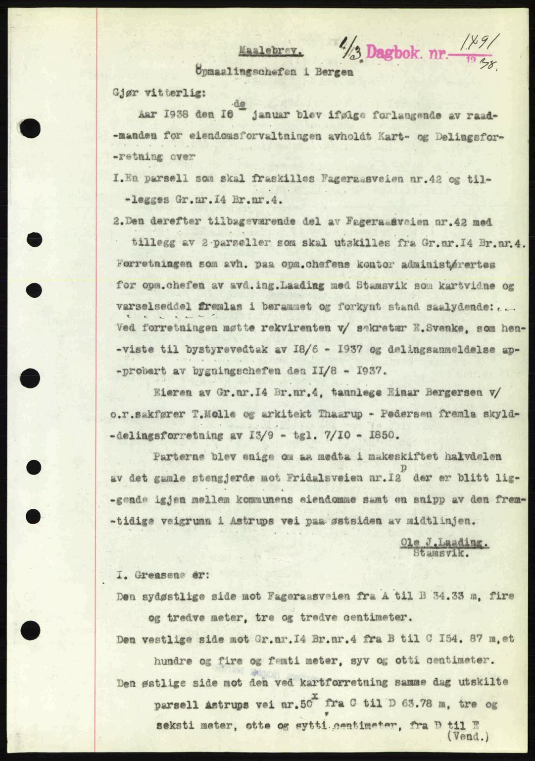 Byfogd og Byskriver i Bergen, SAB/A-3401/03/03Bc/L0006: Pantebok nr. A5, 1937-1938, Dagboknr: 1491/1938