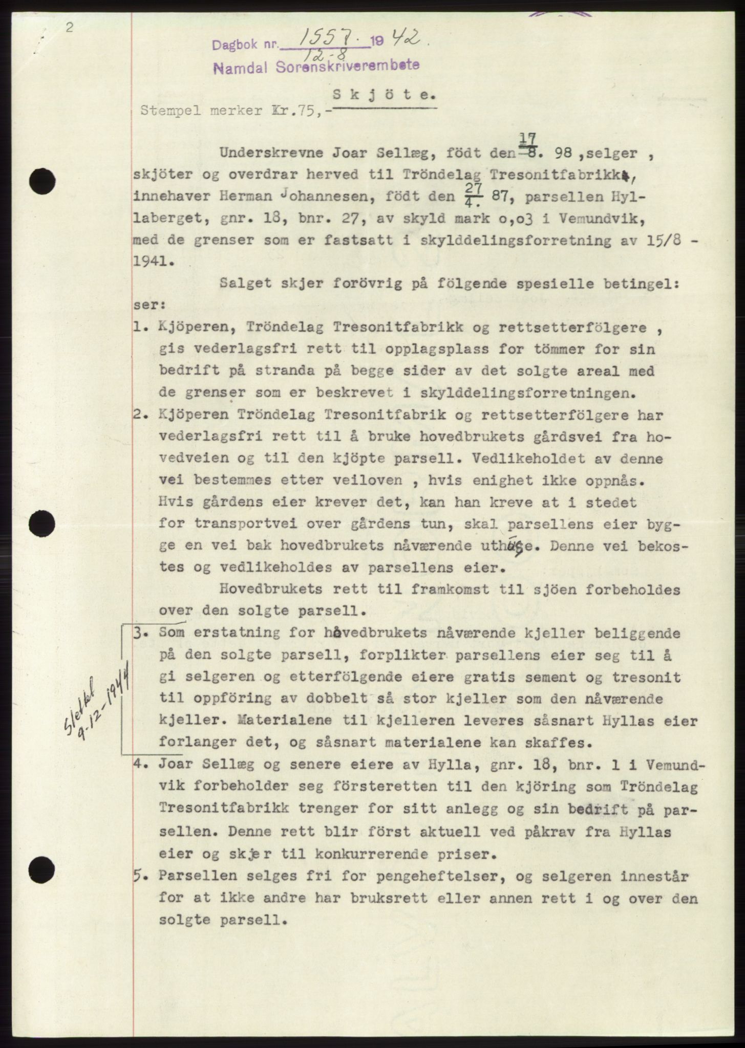 Namdal sorenskriveri, SAT/A-4133/1/2/2C: Pantebok nr. -, 1942-1943, Dagboknr: 1557/1942