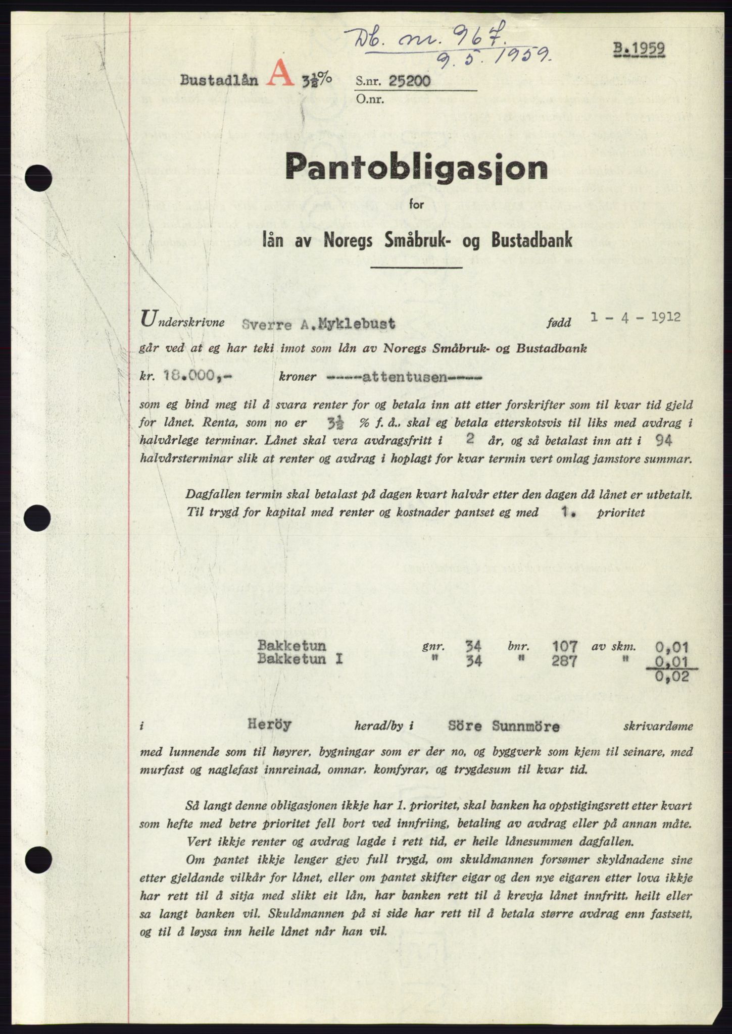 Søre Sunnmøre sorenskriveri, SAT/A-4122/1/2/2C/L0133: Pantebok nr. 21B, 1959-1959, Dagboknr: 967/1959