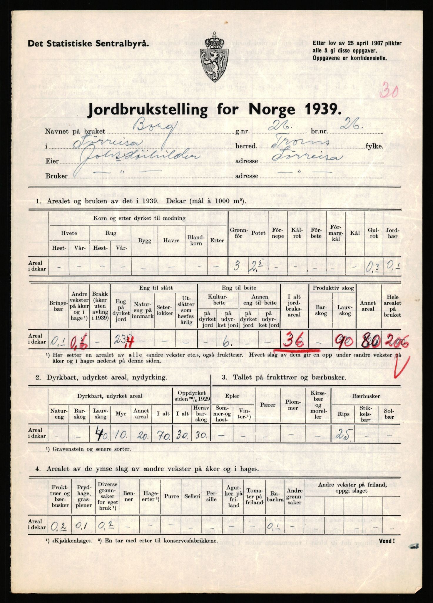 Statistisk sentralbyrå, Næringsøkonomiske emner, Jordbruk, skogbruk, jakt, fiske og fangst, AV/RA-S-2234/G/Gb/L0341: Troms: Sørreisa og Tranøy, 1939, s. 519