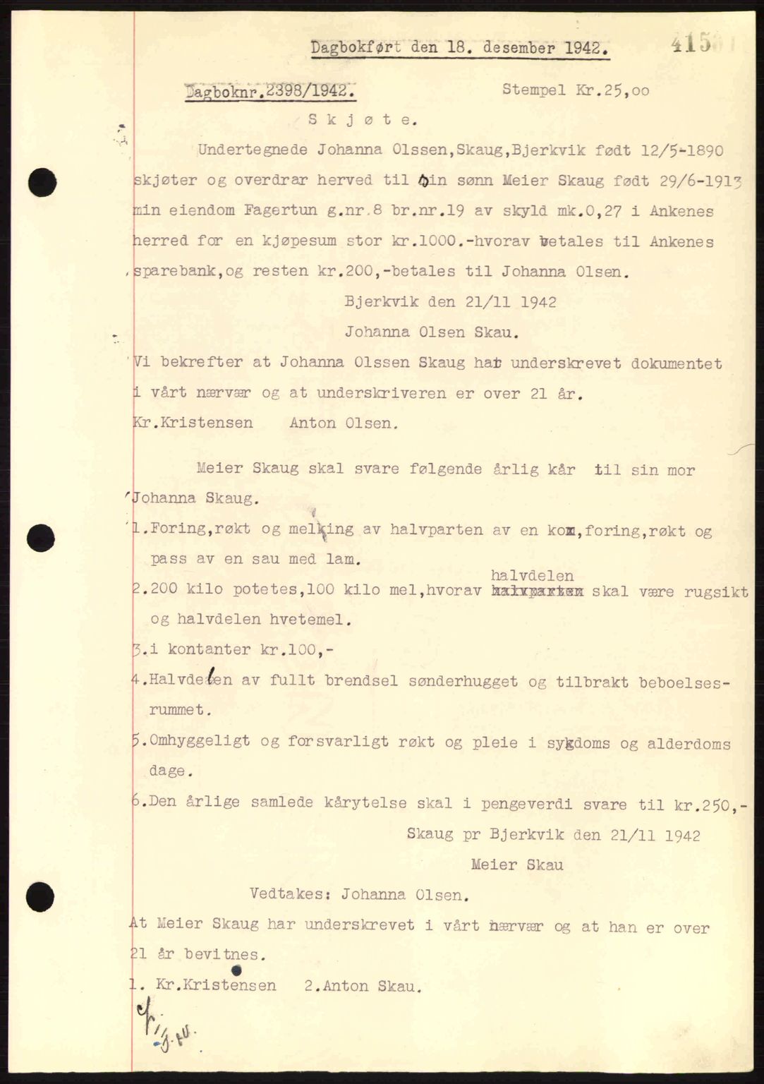Steigen og Ofoten sorenskriveri, AV/SAT-A-0030/1/2/2C: Pantebok nr. A9-12, 1942-1946, Dagboknr: 2398/1942