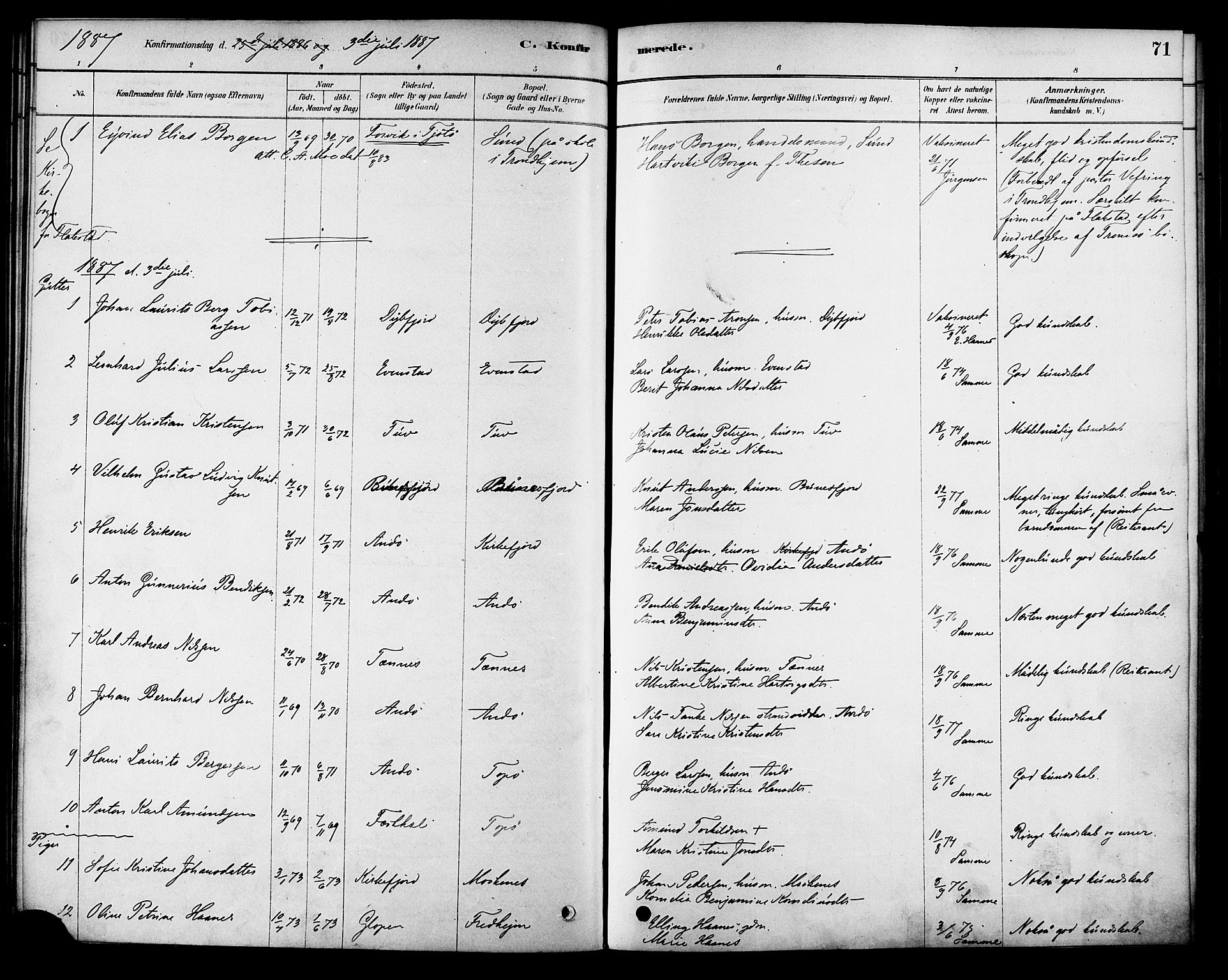 Ministerialprotokoller, klokkerbøker og fødselsregistre - Nordland, AV/SAT-A-1459/886/L1219: Ministerialbok nr. 886A01, 1878-1892, s. 71